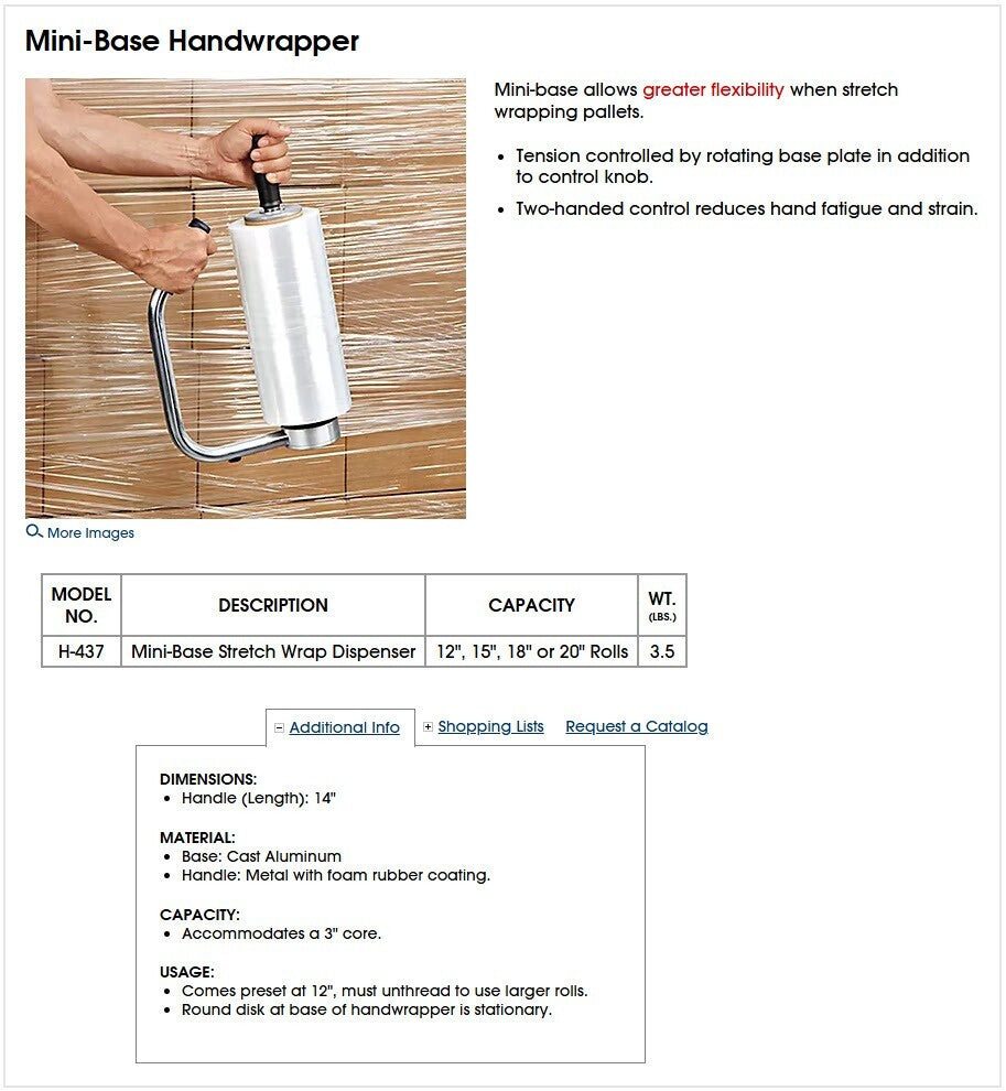 Uline H-437 Mini-Base Stretch Wrap Dispenser, For 12" ,15" ,18", 20" Rolls