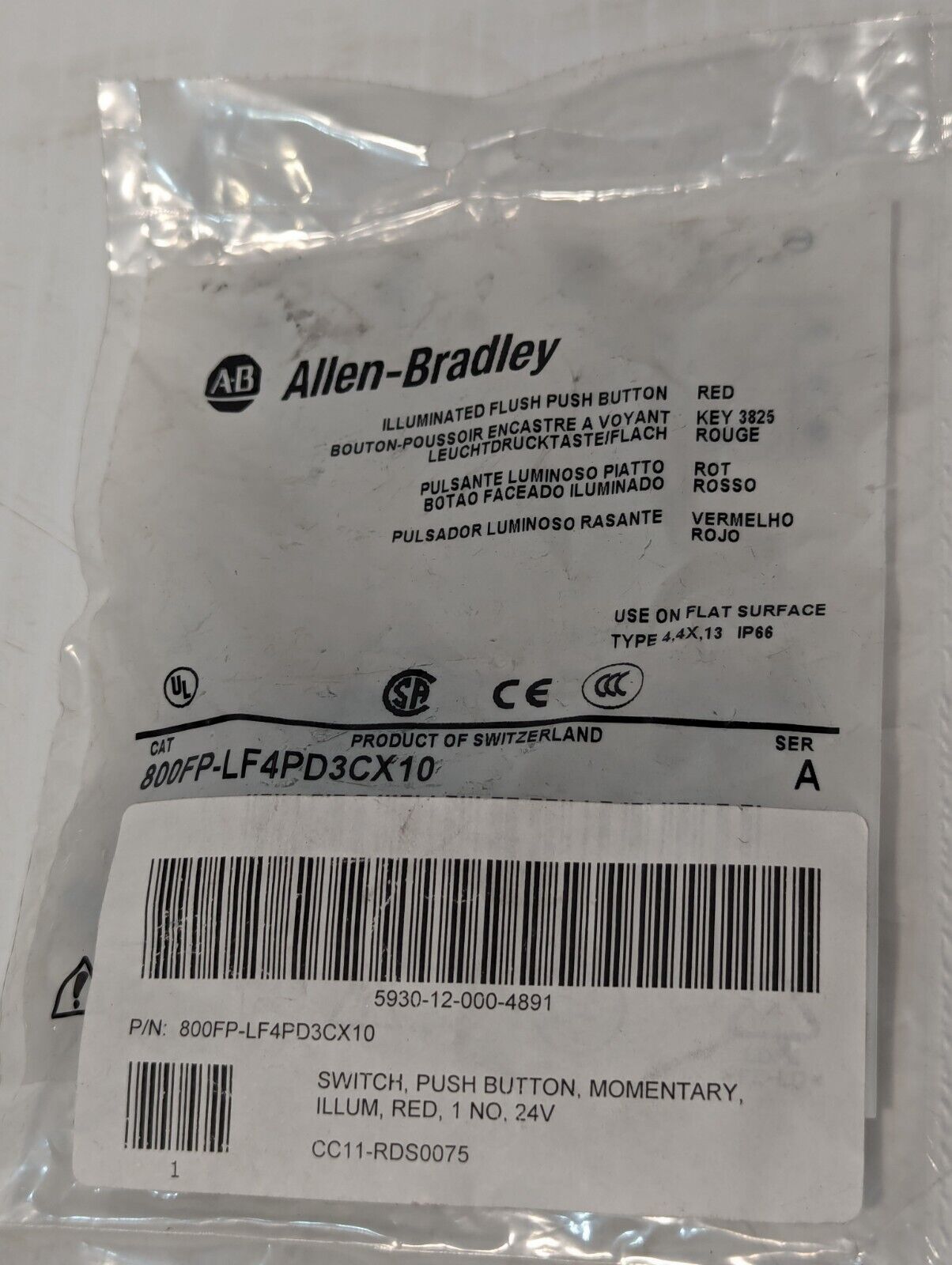 Allen Bradley 800FP-LF4PD3CX10 Illuminated Flush Push Button Red - Free Shipping