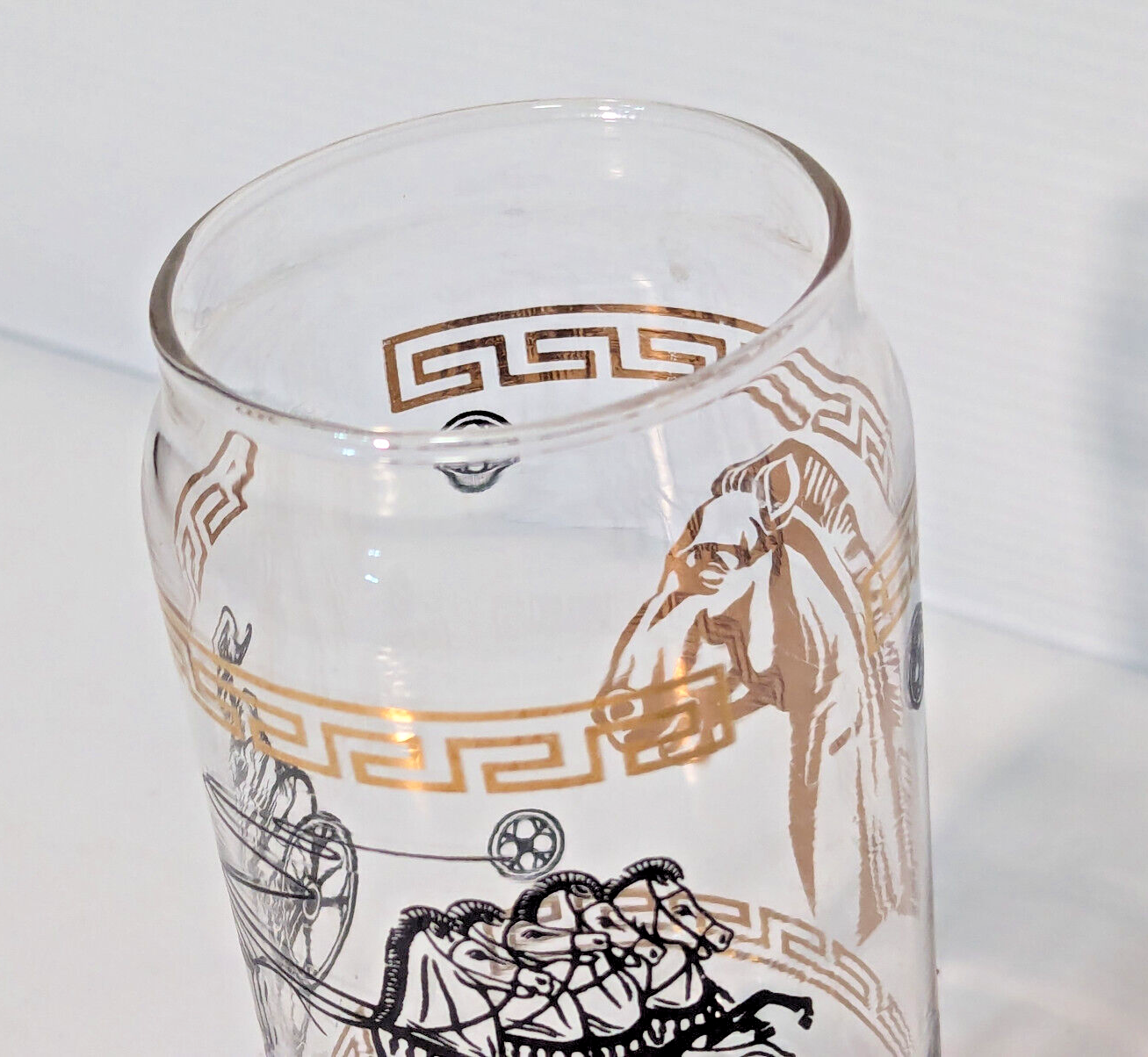 Vintage MCM Roman Greek Horse Chariot Gold Metallic Drinking Glass, Tumbler