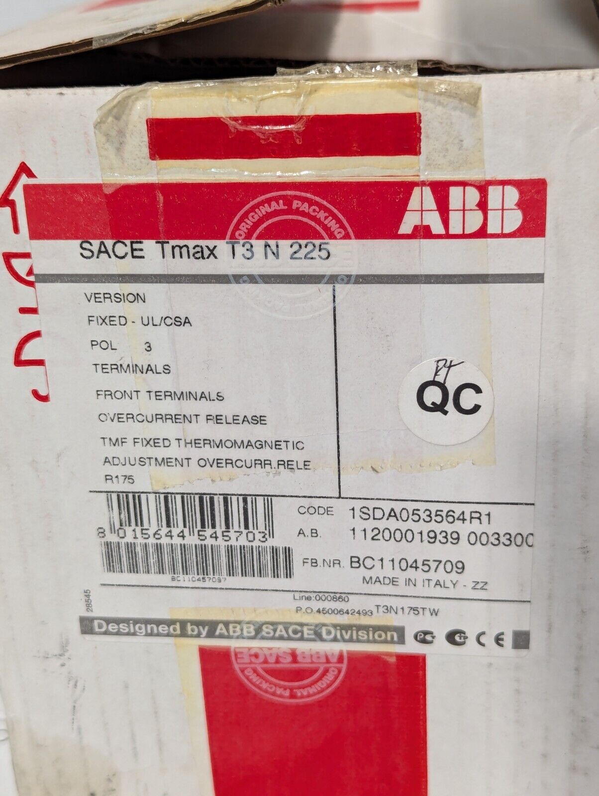 ABB T3N175TW Circuit Breaker, 175A 600VAC 3-Pole w/Accessories-Free Ship+Return