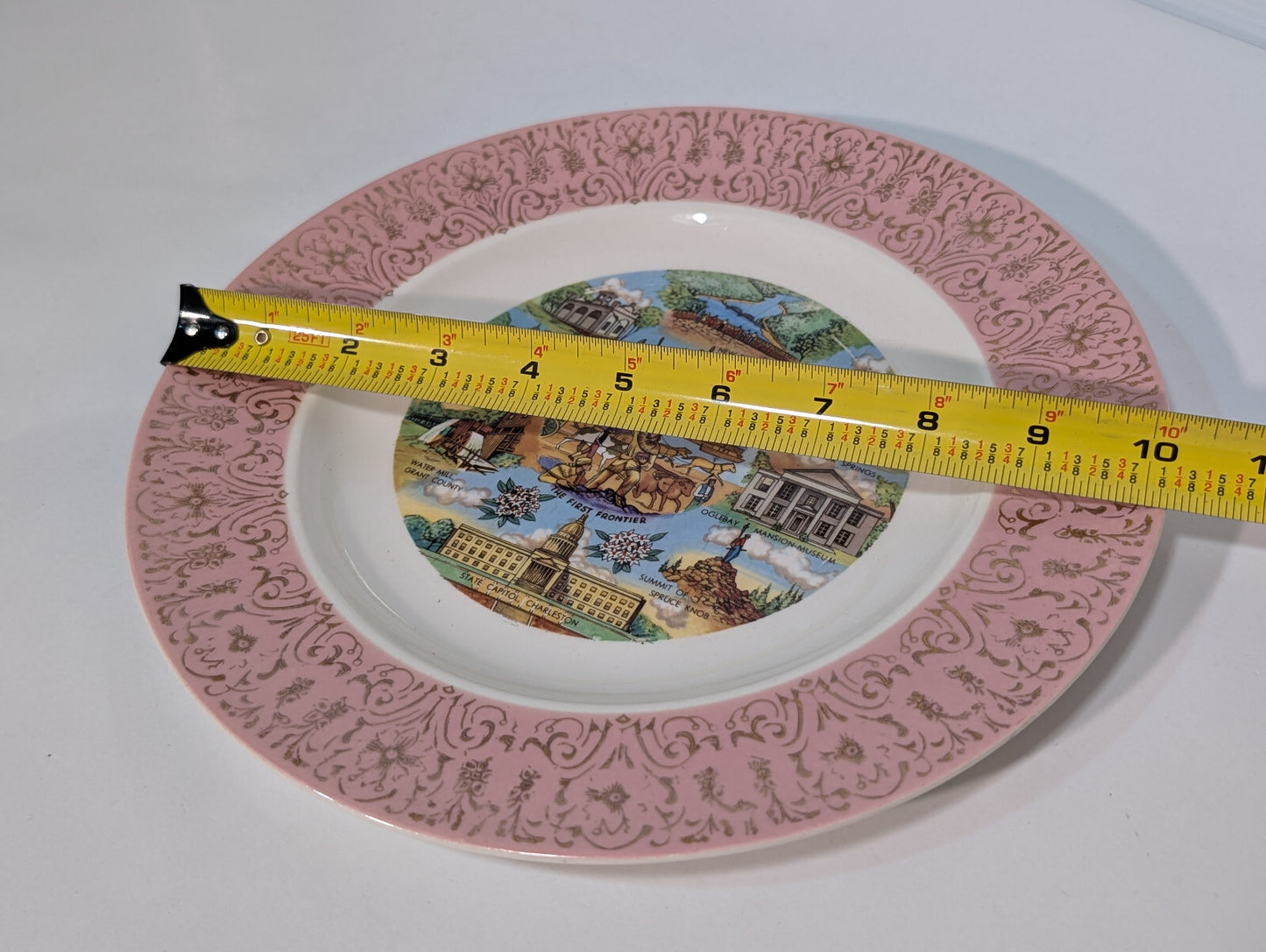 Vintage West Virginia "The First Frontier" 10" Collectable Souvenier Plate Gold