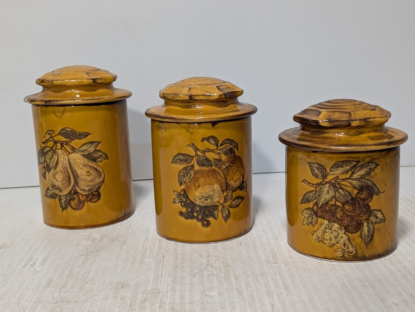 Vintage 60s Canister Set of 3, Vineyard Fall Design, Kitchen Deco -Free Shipping