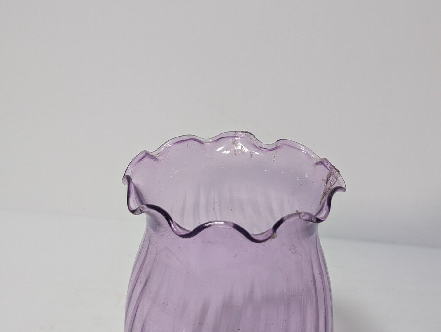 Vintage Lilac Spiral Pattern Scalloped Edge Translucent Vase, 6.5”H x 3.5"Dia.