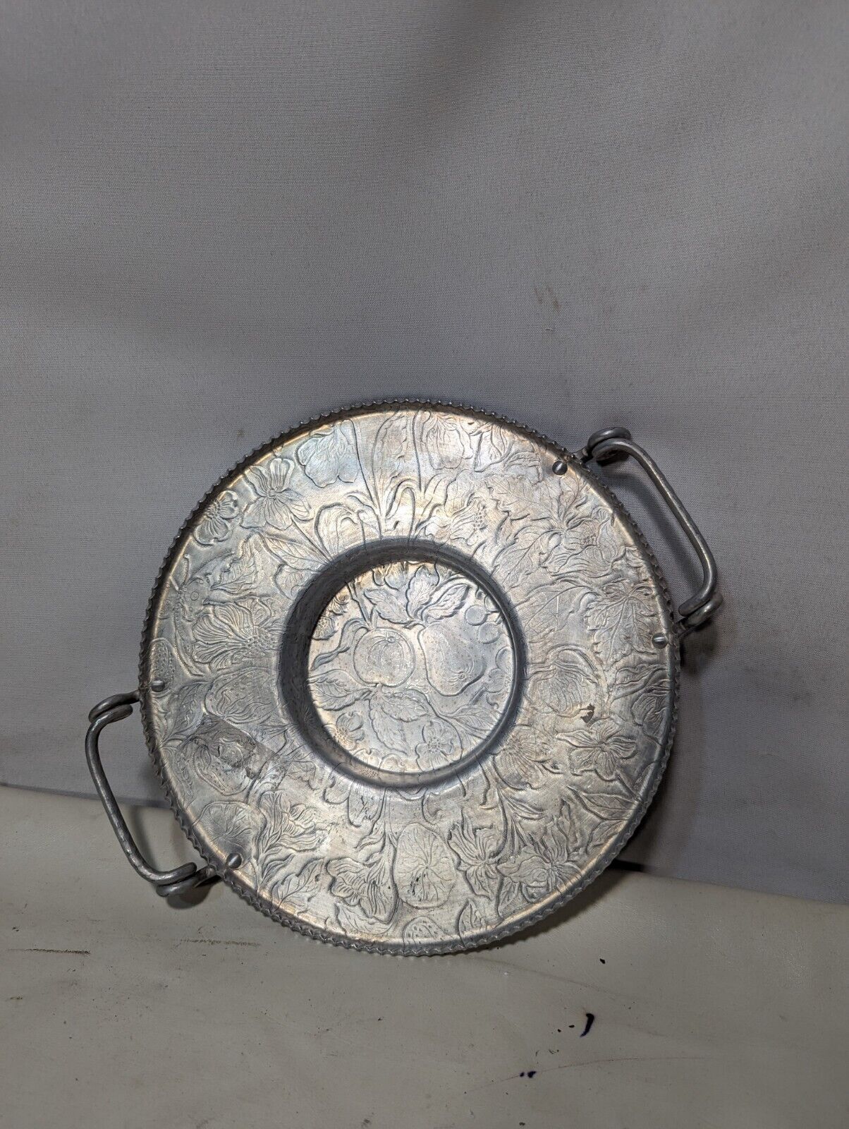 Vintage Aluminum Serving Tray with Handles, Etched w/ Floral Pattern 11.5" dia.