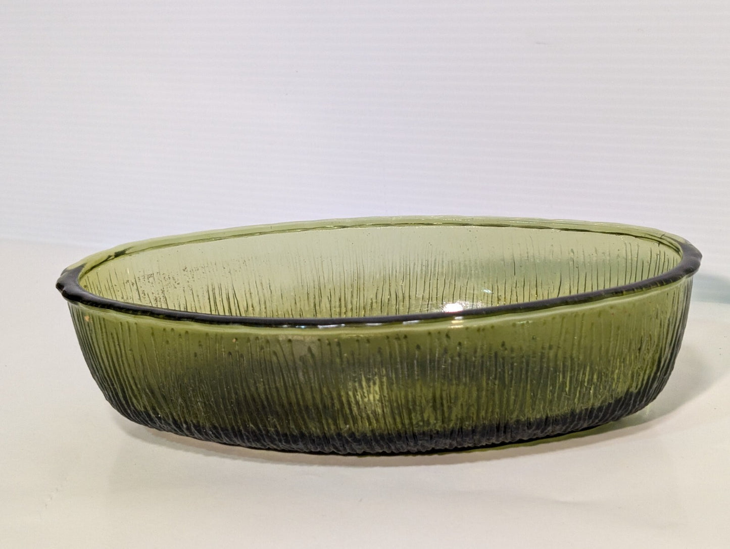 Vintage FTD 1975 Olive Green Oval Glass Dish With Bark Texture 9" Length
