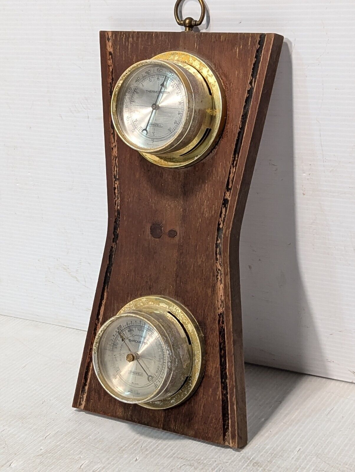 Vintage Springfield Thermometer / Barometer mounted on weathered wood- Free Ship