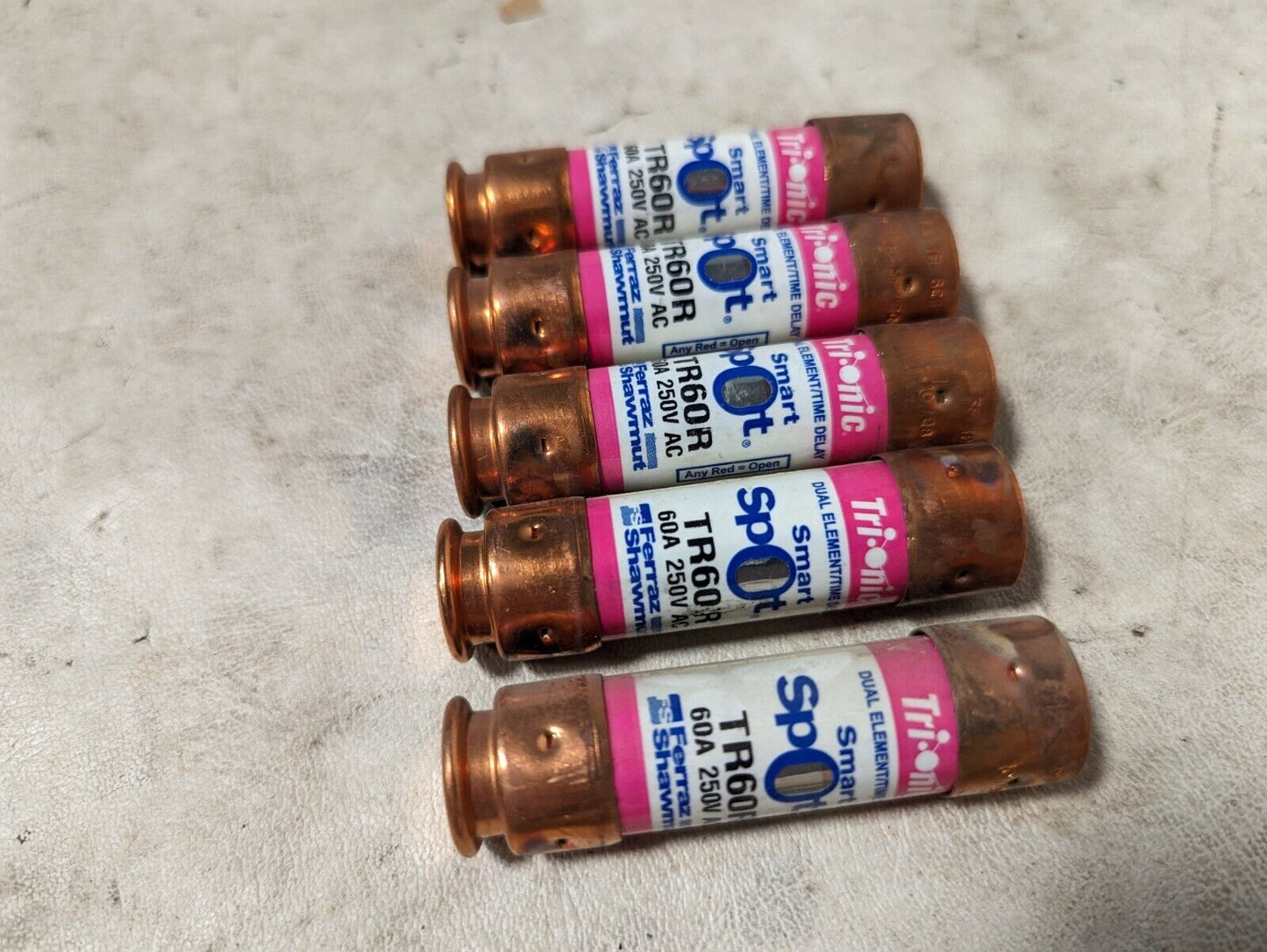 Lot of 5 Ferraz Shawmut TR60R fuses, 60A, 250VAC, Tri-onic, dual-element