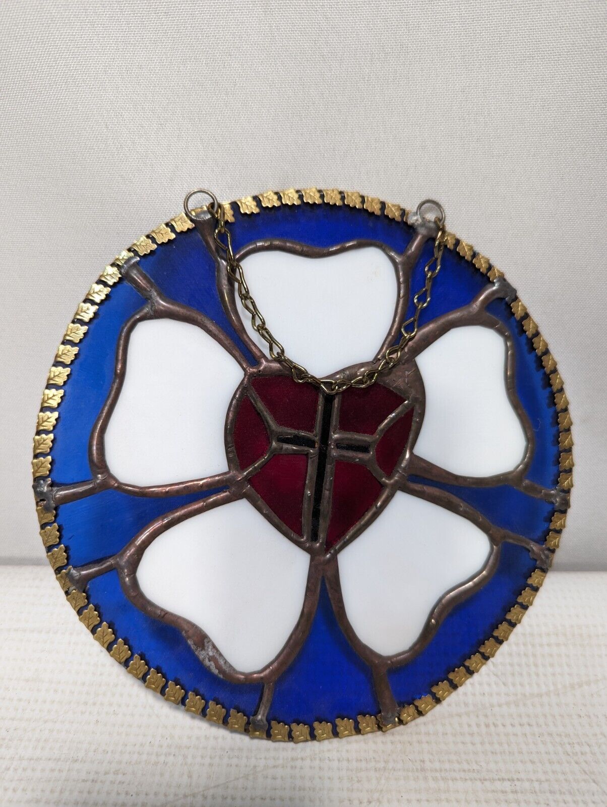 Vintage 7" Stained Glass Medallion Blue Background, White Clover, Red Heart