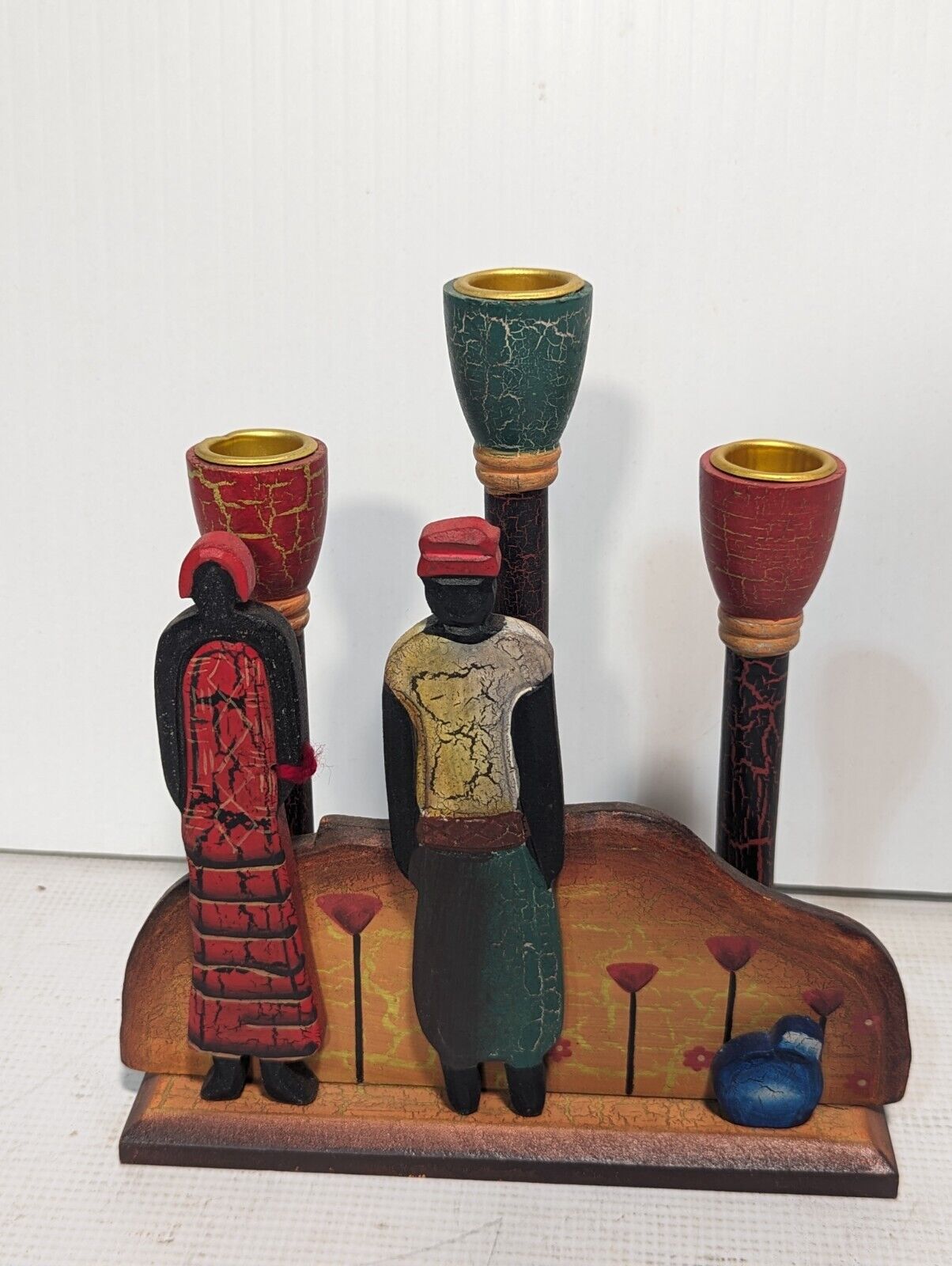 African Wooden Candle Holder Three Candle Sticks - Free Shipping