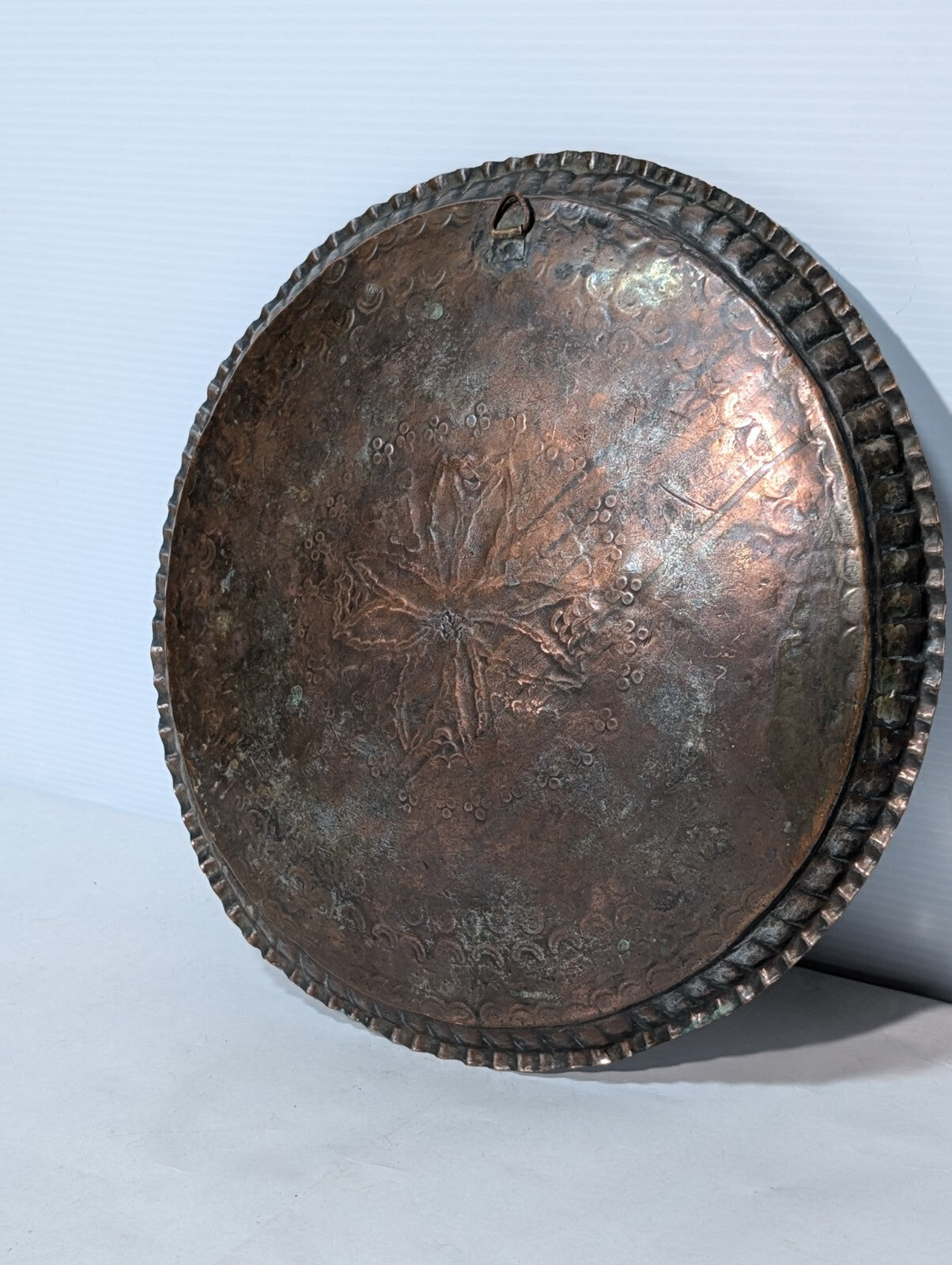 Vintage Hammered + Etched Copper Tray, Possibly Persian or Syrian, 13" Diameter