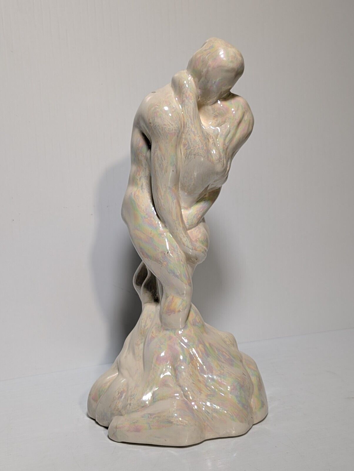 Vintage Lovers Naked Man Woman Embracing Erotic Pearlescent Ceramic Statue