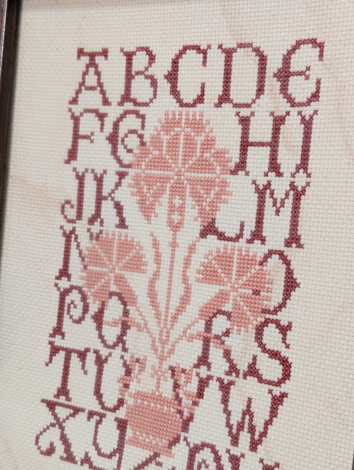 Vintage Framed Needlepoint Cross-Stitched Alphabet Quaker Sampler