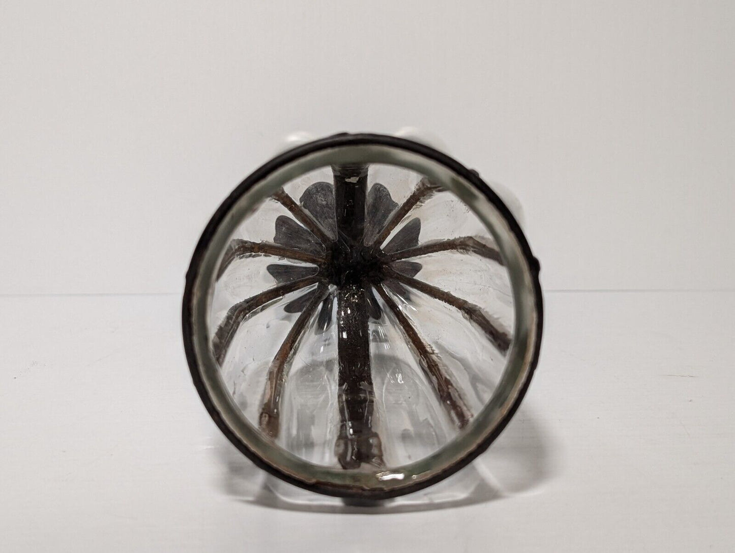 Vintage Cast Iron Candle Holder Blown Glass Cup, 12" Tall, 4" Diameter