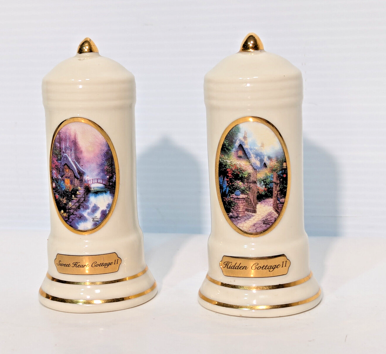 Thomas Kinkade Porcelain Salt and Pepper Shakers Sweet Heart, Hidden Cottage II