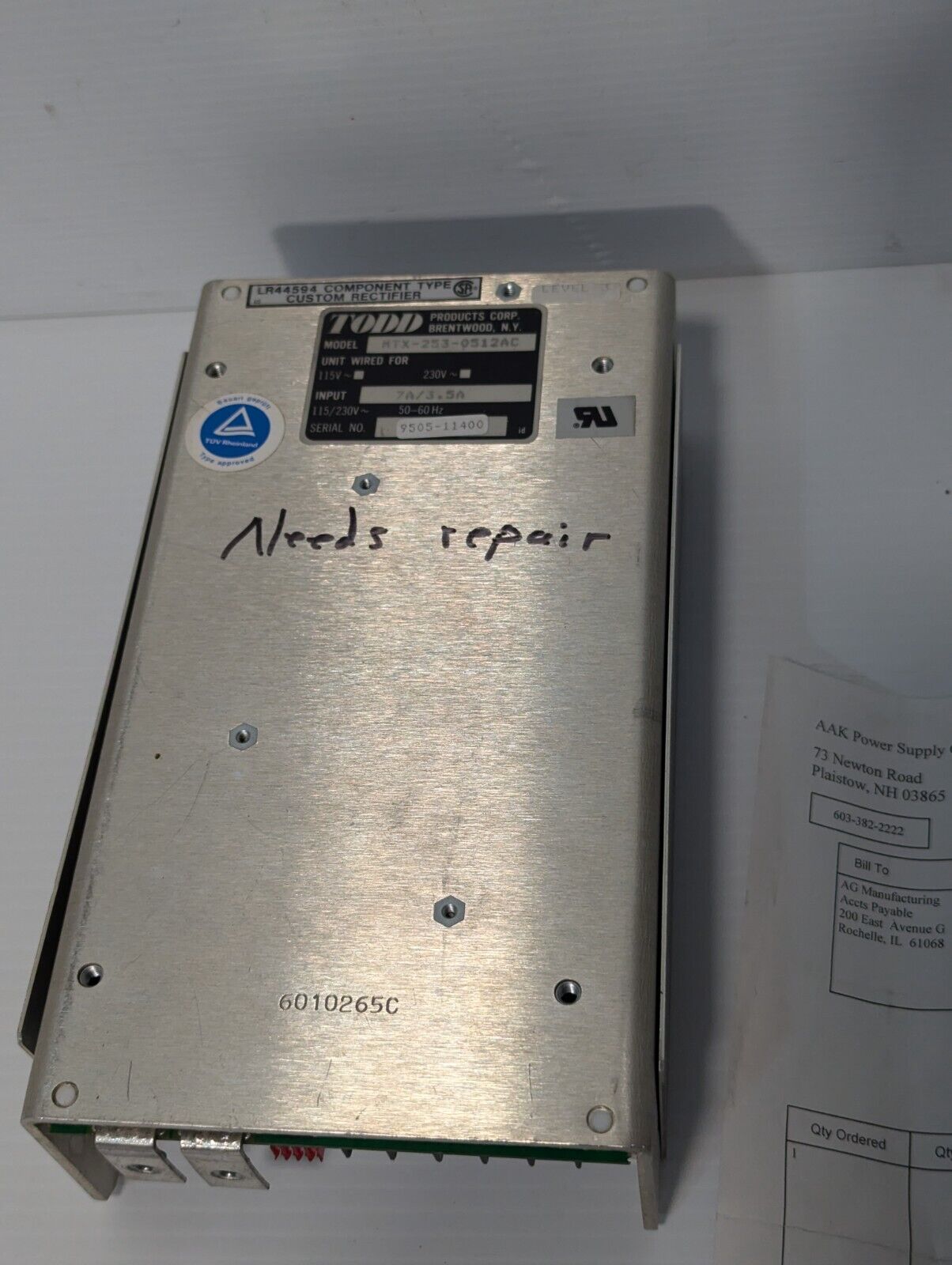 Todd MTX-253-0512AC Power Supply with Cover **FOR PARTS ** - Free Shipping