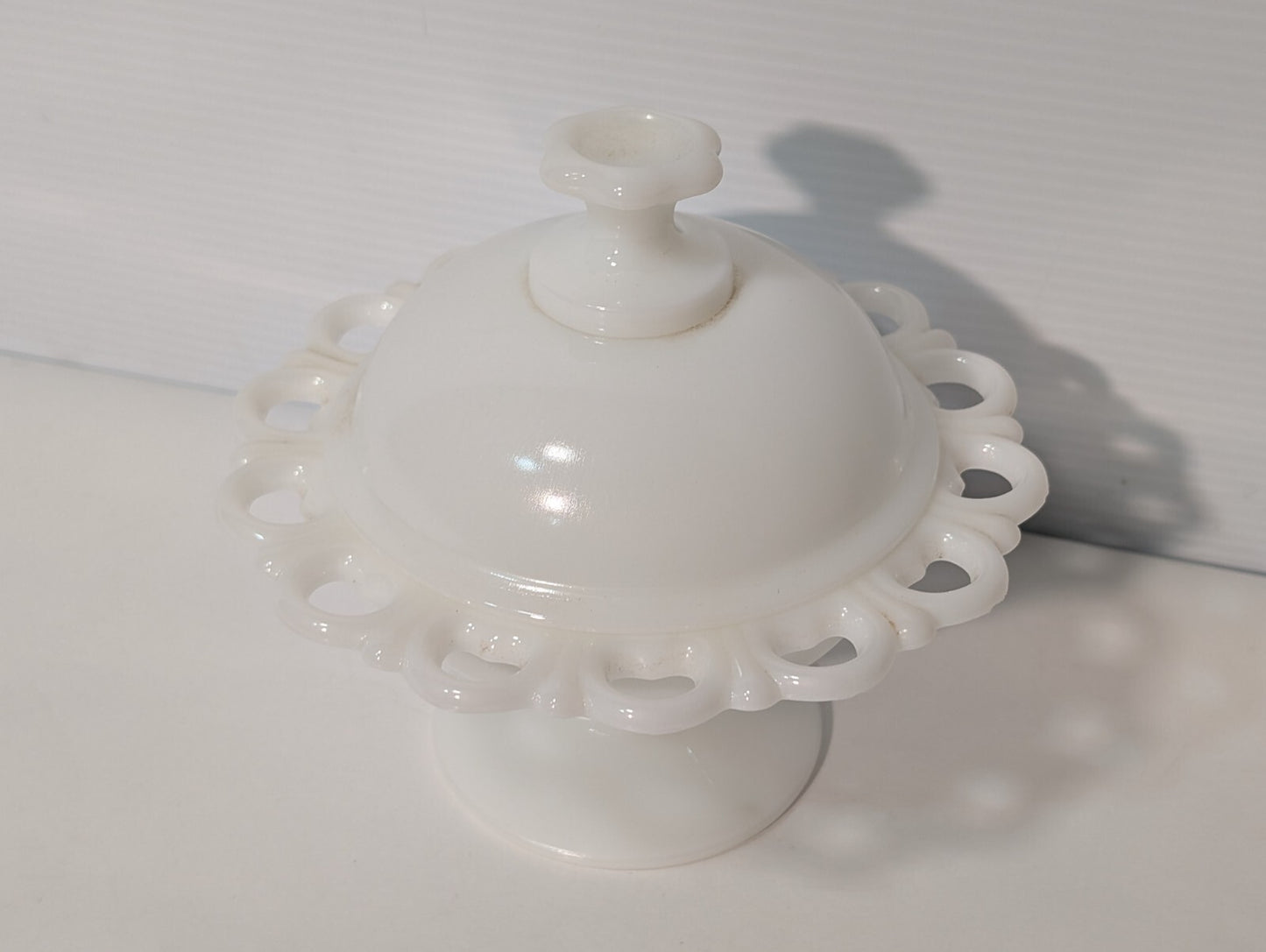 Vintage White Milk Glass Compote Lace Edged Pedestal Candy Dish with Lid, ID: 5"