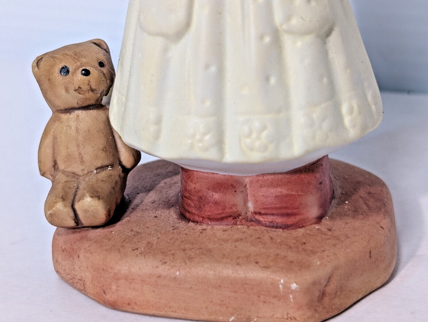 Vintage Ceramic Figurine Girl, Teddy Bear, Chores, Bonnet, Holly Hobbie, 1970s
