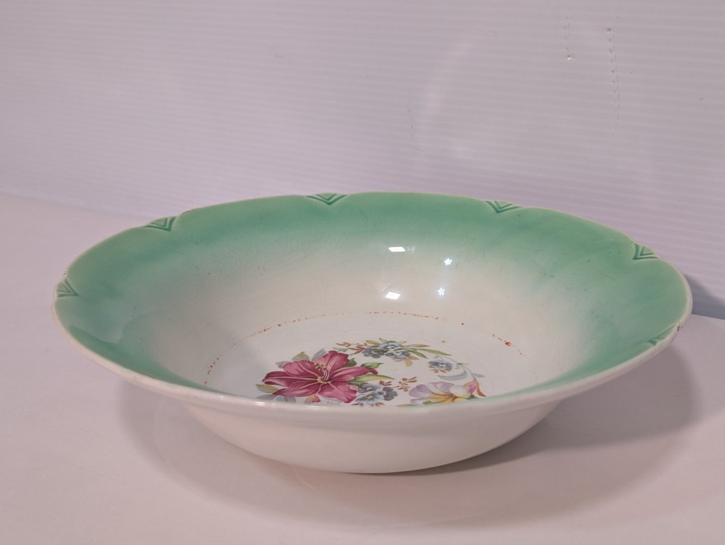 Vintage Porcelain Green + White with Floral Bouquet Serving Bowl 9 1/2" Diameter