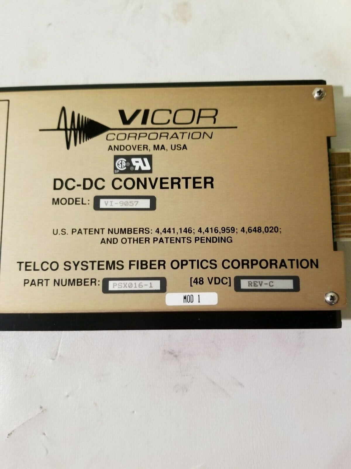 VICOR Corporation DC-DC Converter Card, Model VI-9057 Part PSX0161 Fiber Optics