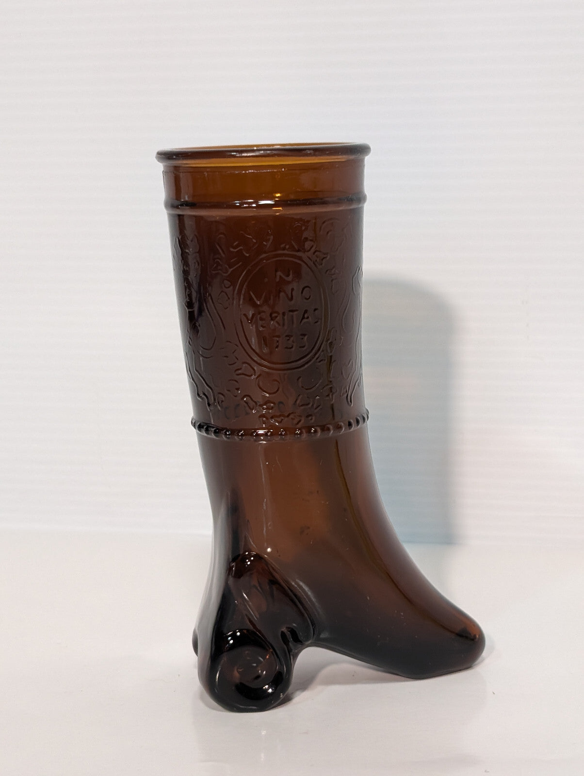 Vintage 1960/70s In Vino Veritas Wine Boot Brown Amber Shot Glass Bud Vase 6"x2"