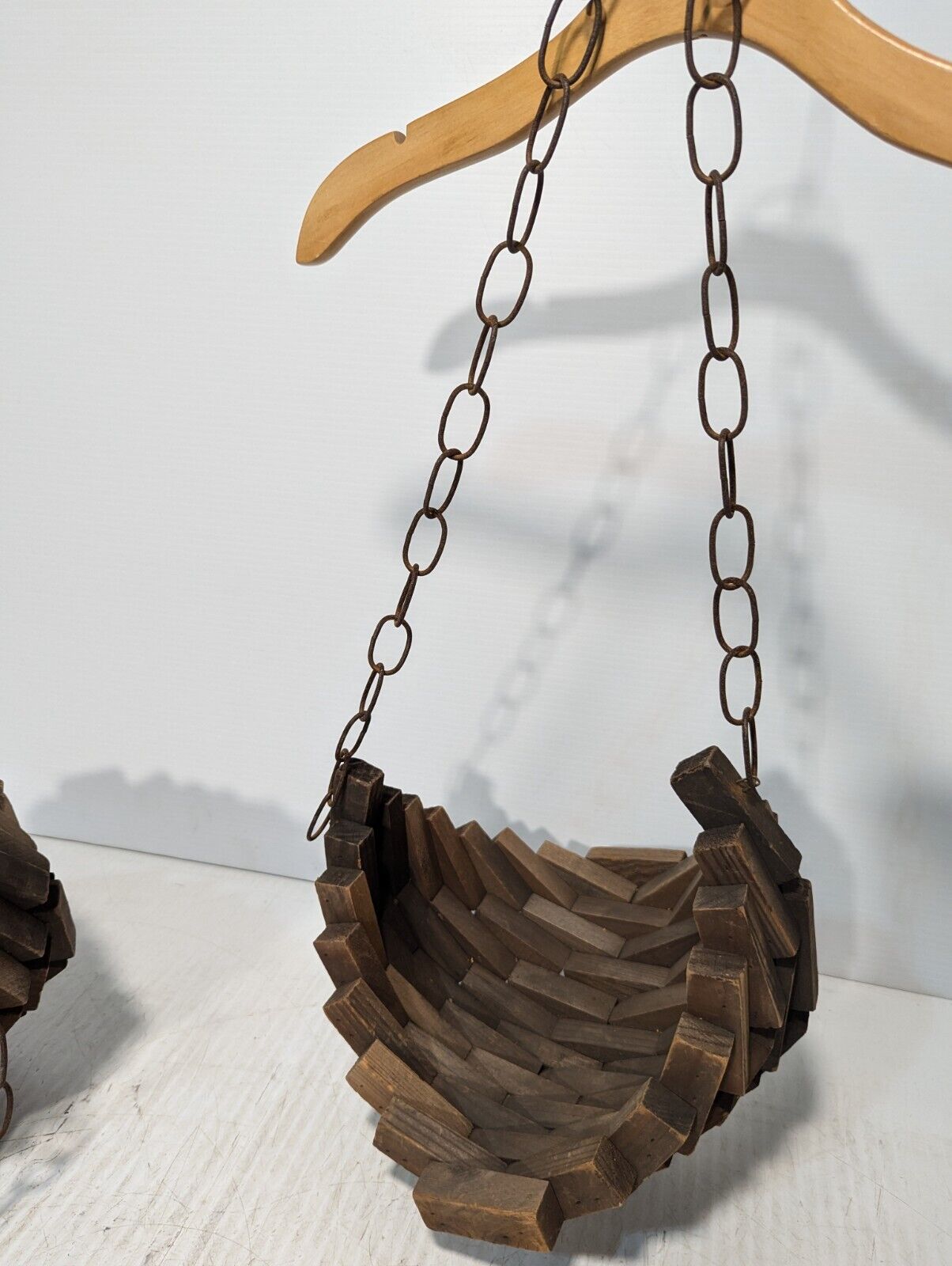 Vintage Wood Block Plant Hanger - Teardrop Shaped Hanger on Chain - Free Ship