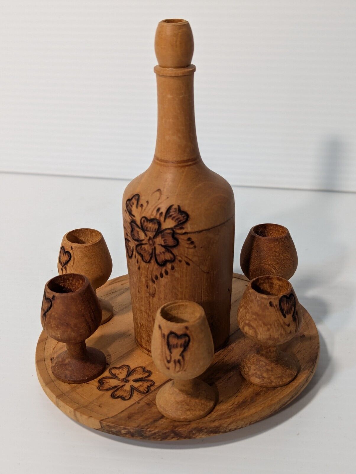 Vintage Burnt Wooden Pyrography Folk Art Decanter w\ Small Platter and 6 Goblets