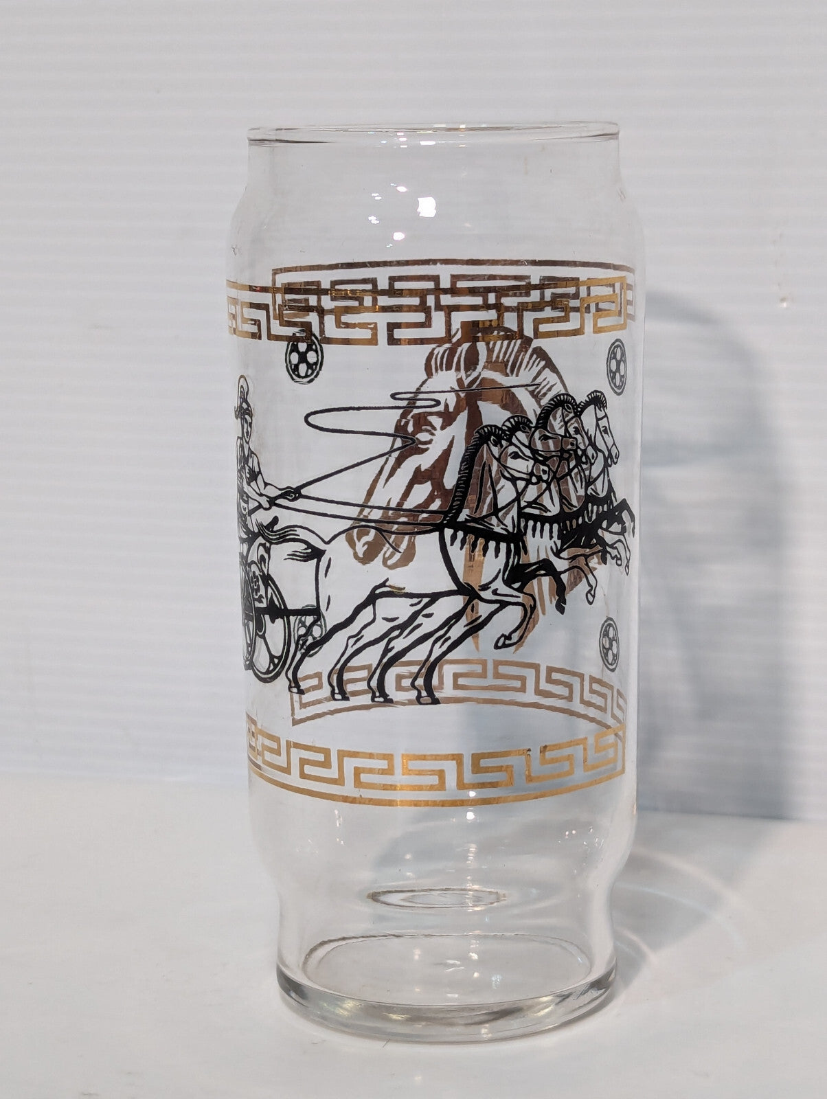 Vintage MCM Roman Greek Horse Chariot Gold Metallic Drinking Glass, Tumbler