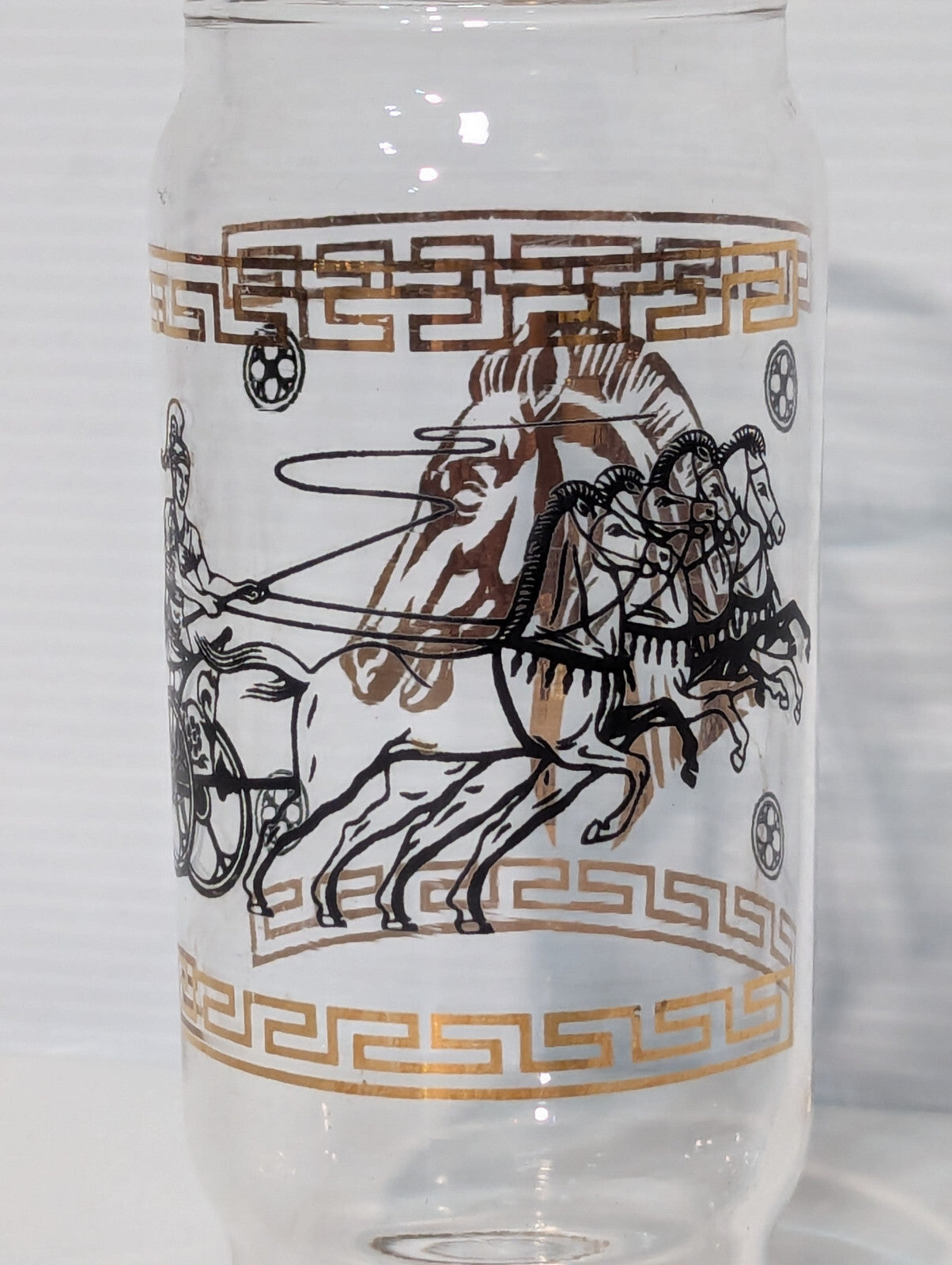 Vintage MCM Roman Greek Horse Chariot Gold Metallic Drinking Glass, Tumbler