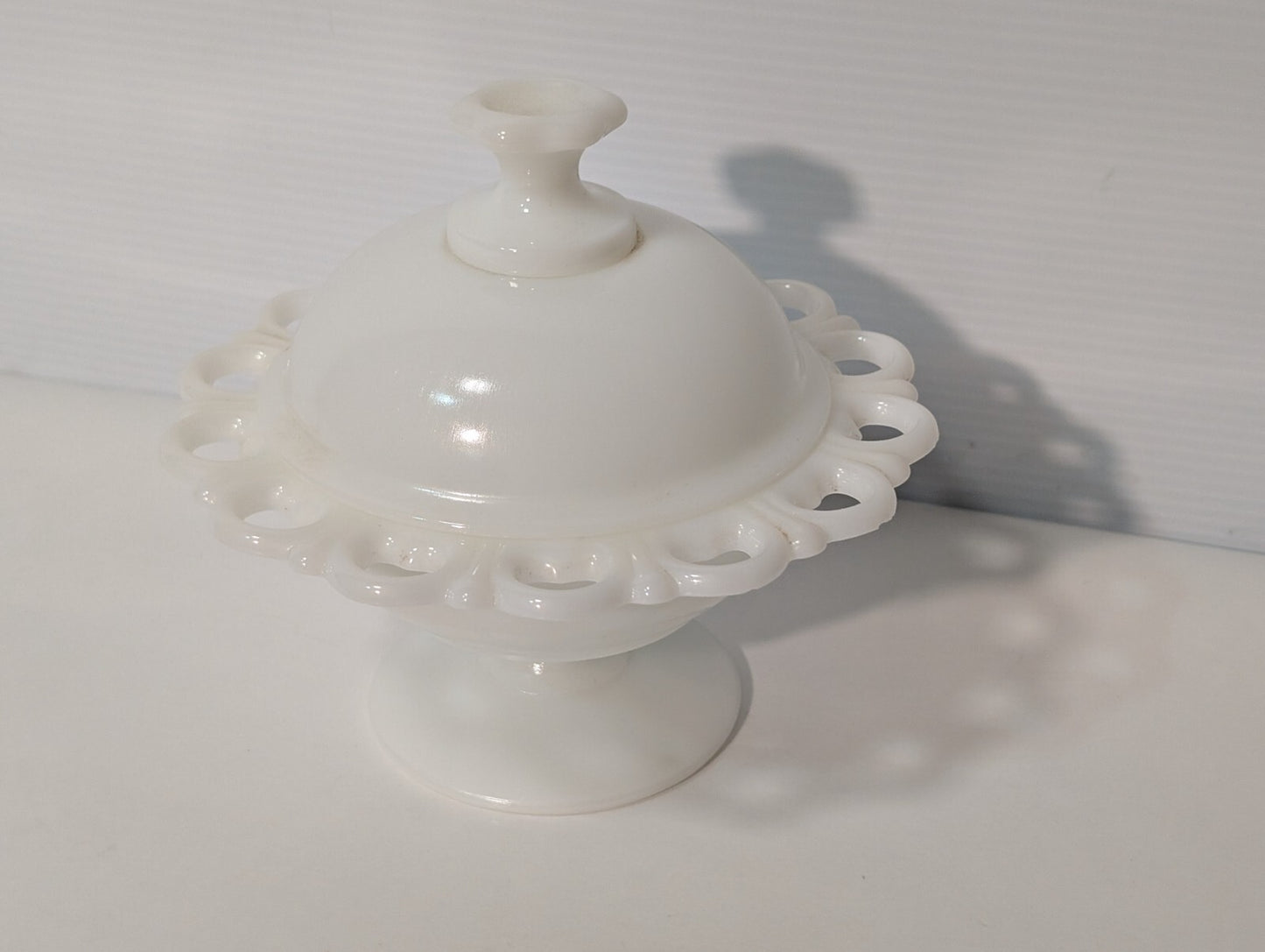 Vintage White Milk Glass Compote Lace Edged Pedestal Candy Dish with Lid, ID: 5"