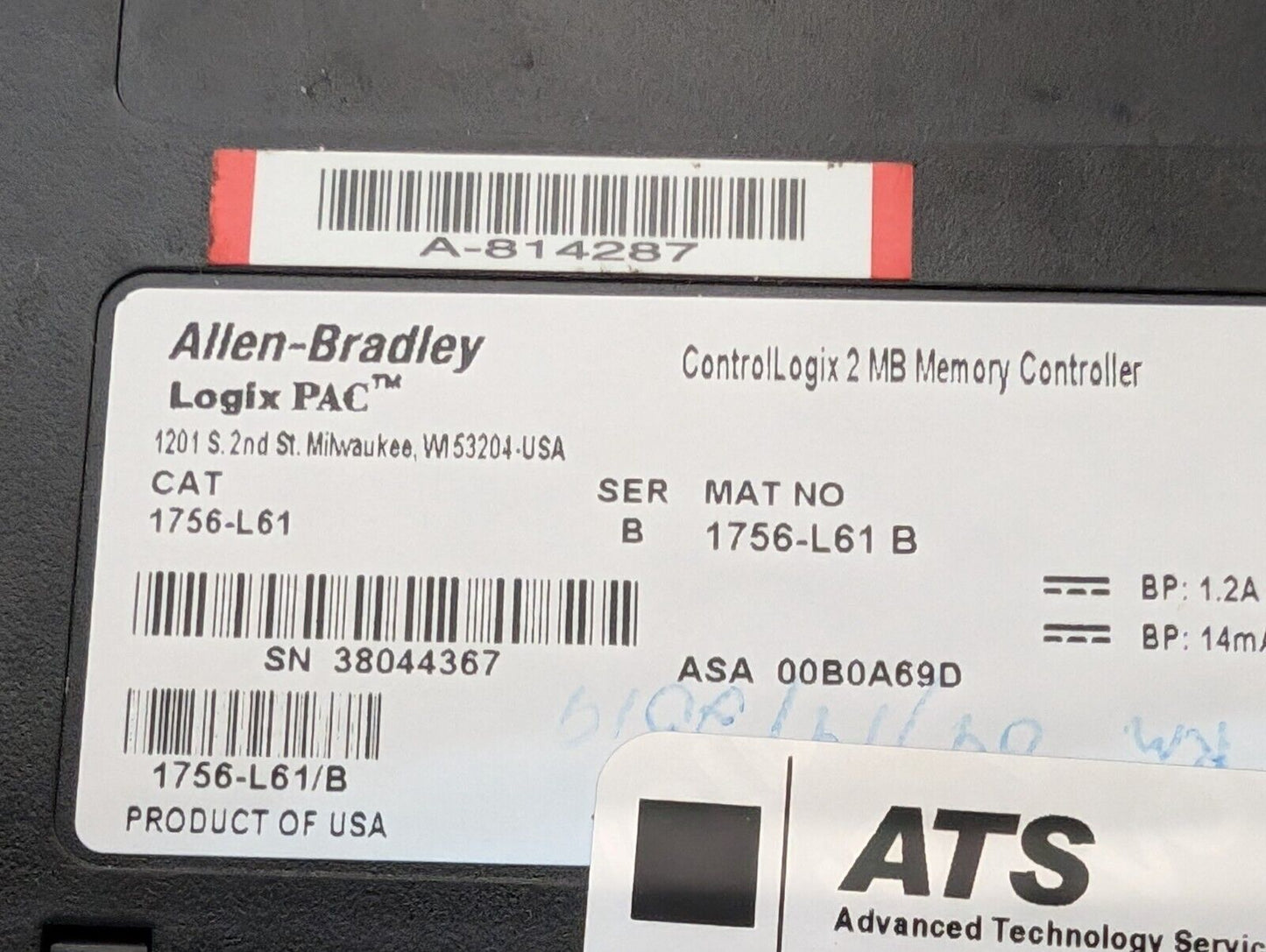 Allen Bradley 1756-L61 ControlLogix 5561 Processor Module w\ 2MB Memory, Ser B