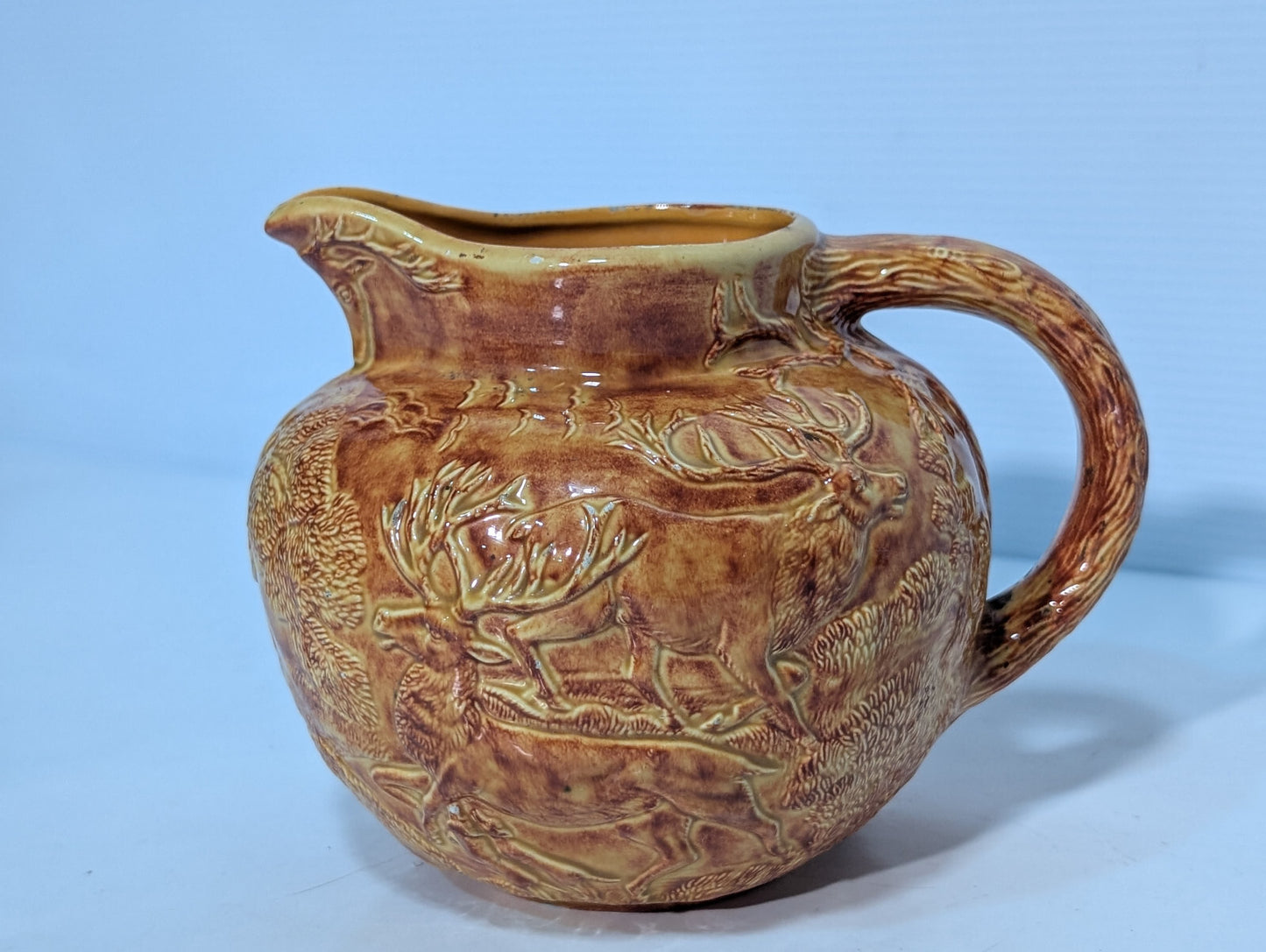 Vintage Brown Glazed Pottery Pitcher Elk, Deer, Buck, Hunters, Forest Wood Scene