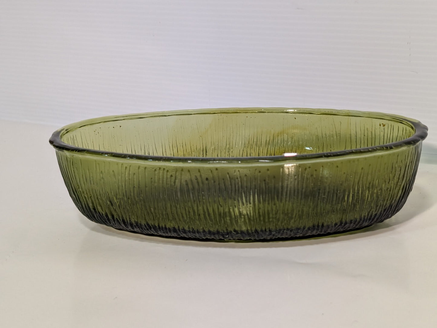 Vintage FTD 1975 Olive Green Oval Glass Dish With Bark Texture 9" Length