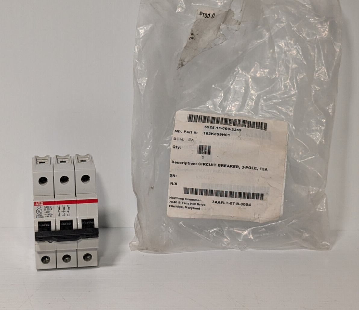 ABB S203U-K15 Circuit Breaker, 3-Pole, 15A, Made in Germany, E212323, 162K859H01