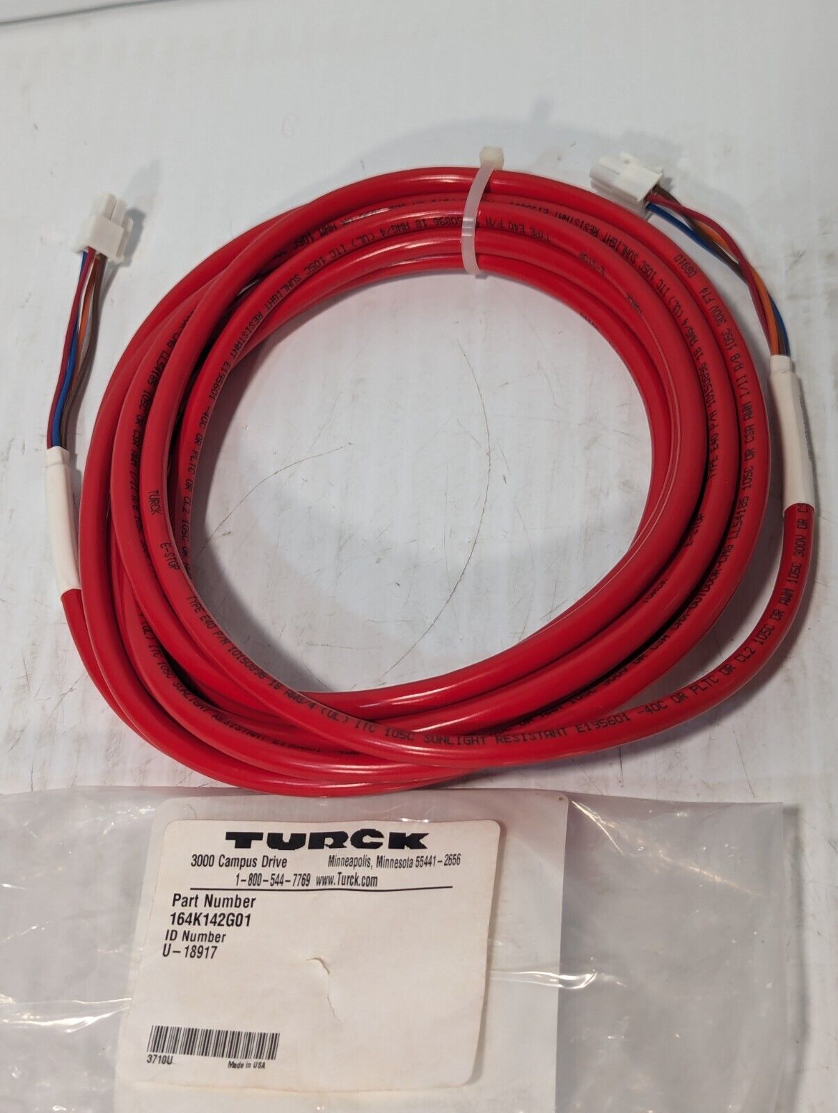 Turck U-18917 Cordset Cable 4 Pin Red Connector, 164K142G01 - Free Shipping