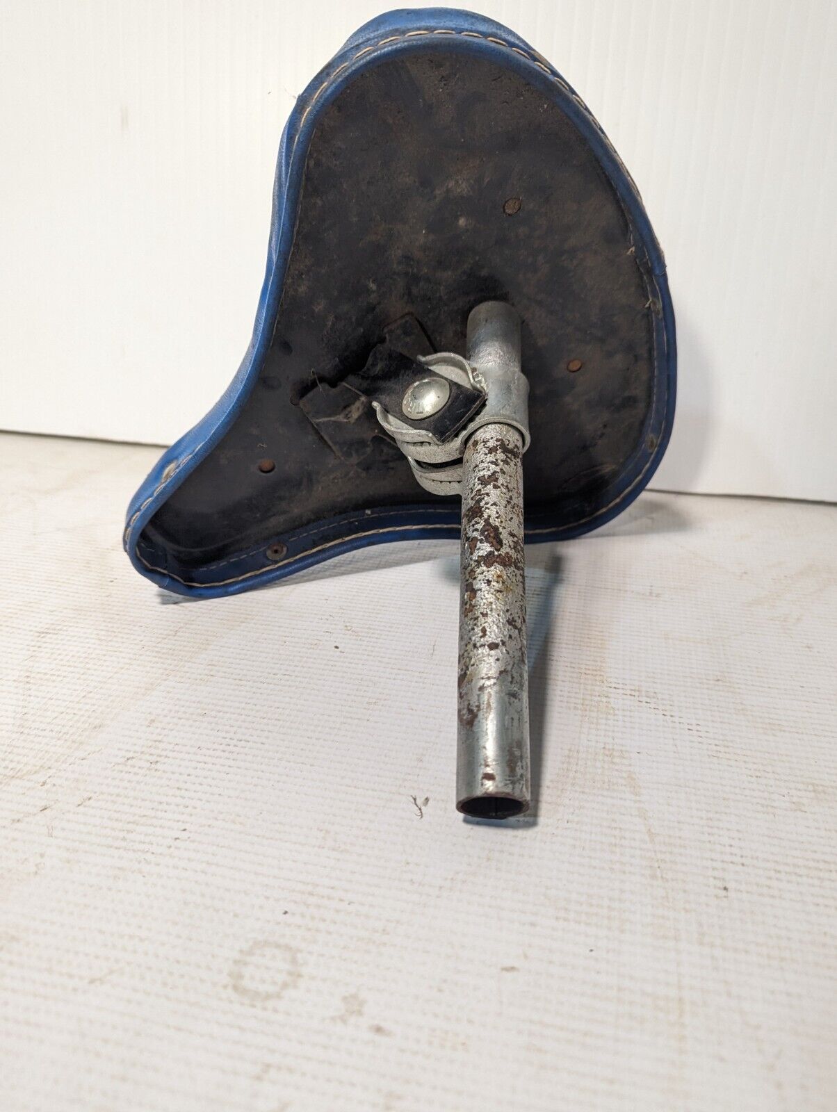 Vintage White And Blue Leather Bicycle Seat - Free Shipping