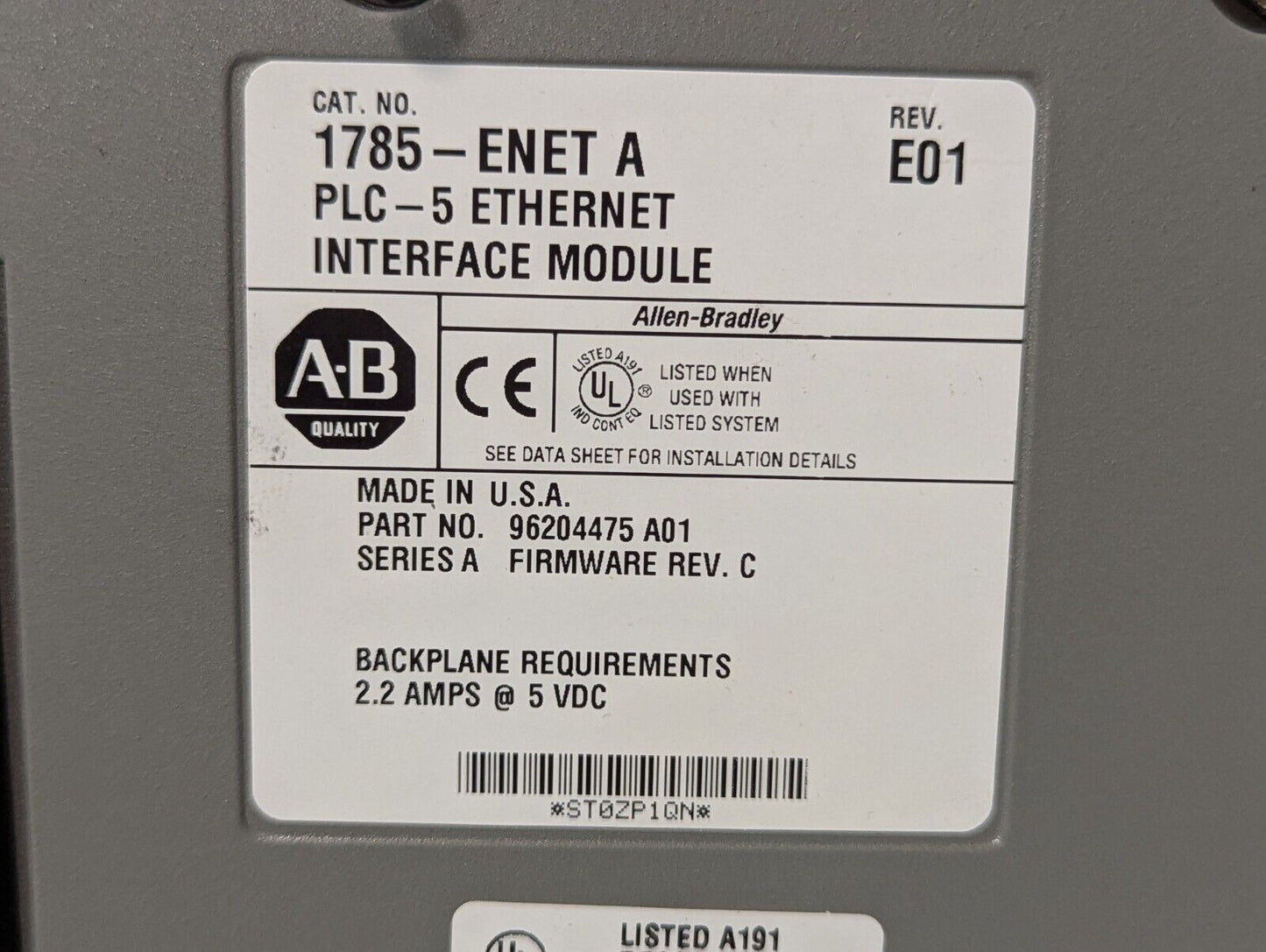 ALLEN BRADLEY 1785-ENET SER A PLC-5 ETHERNET INTERFACE MODULE - Free Ship+Return