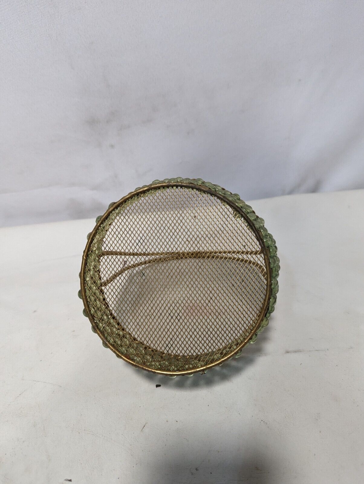 Vintage basket - Brass and bead design, round, H 9" x W 6"