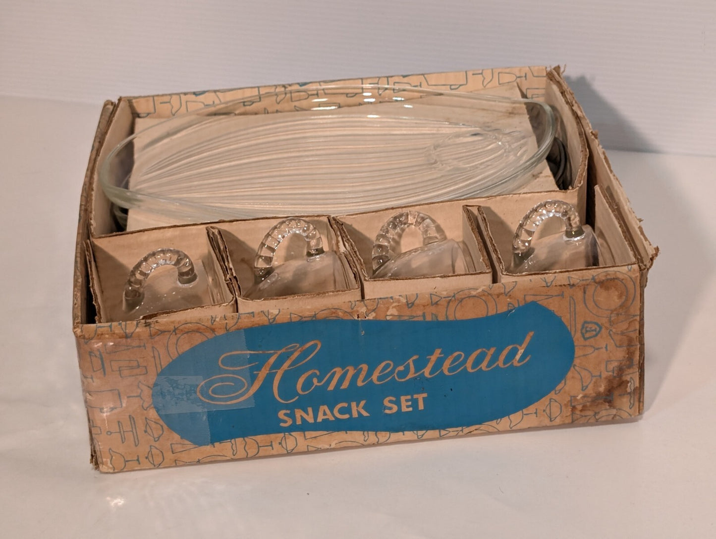 Vintage Federal Glass Homestead 8-Piece (4 Plates + 4 Cups) Glass Snack Set