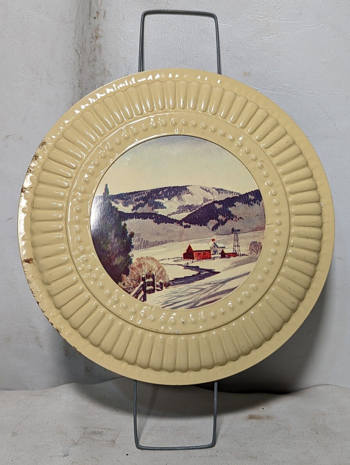 8 inch vintage vent cover, metal, snowy farm with hills