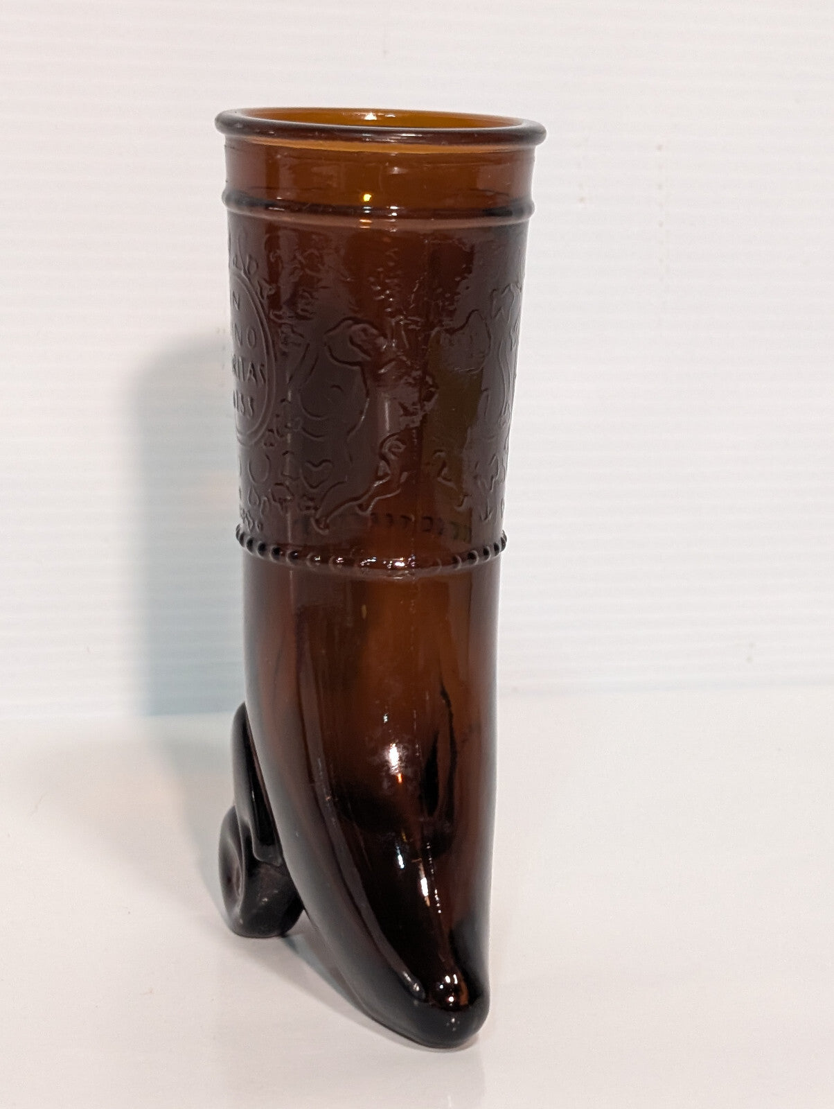 Vintage 1960/70s In Vino Veritas Wine Boot Brown Amber Shot Glass Bud Vase 6"x2"