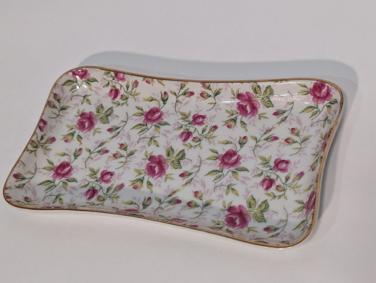 Vintage Lefton Rose Chintz China Sugar and Creamer Tray NE2044R 7" x 4"