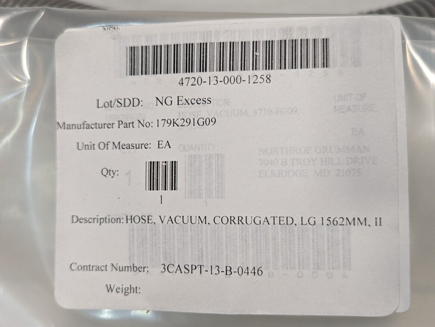 4720-13-000-1258 179K291G09 Corrugated Vacuum Hose, 1562mm - Free Shipping