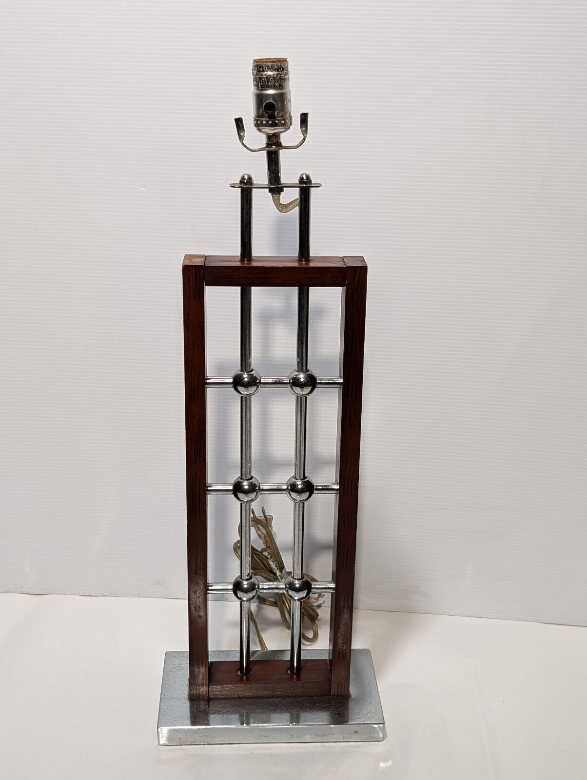 1970's/ 80's Vintage, Brutalism, MCM, Rectangular Table Lamp Wood Chrome Spheres