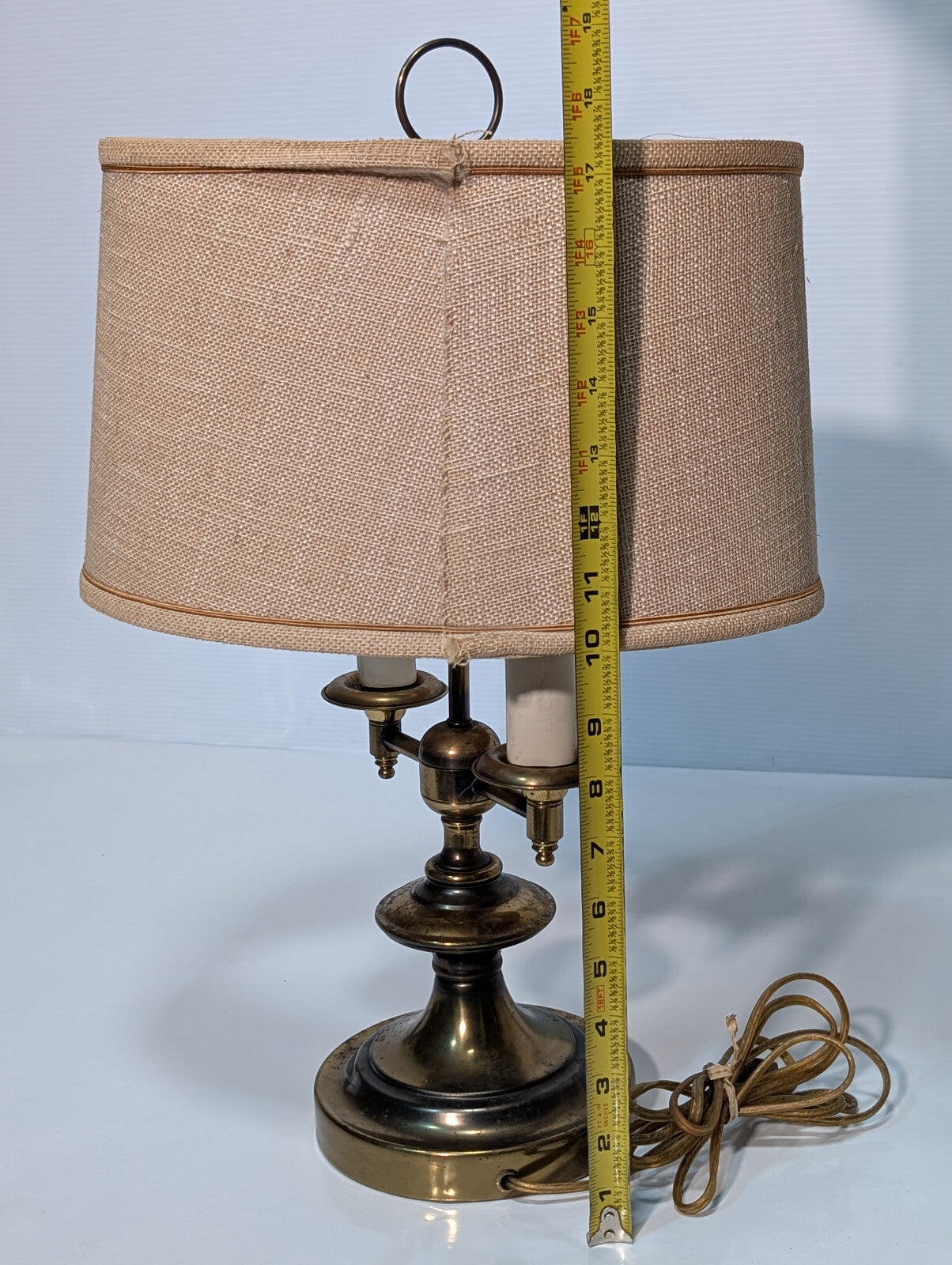 Vintage 1970s Brassy Double Candlestick Table Desk Lamp, Linen Shade, 6" Base