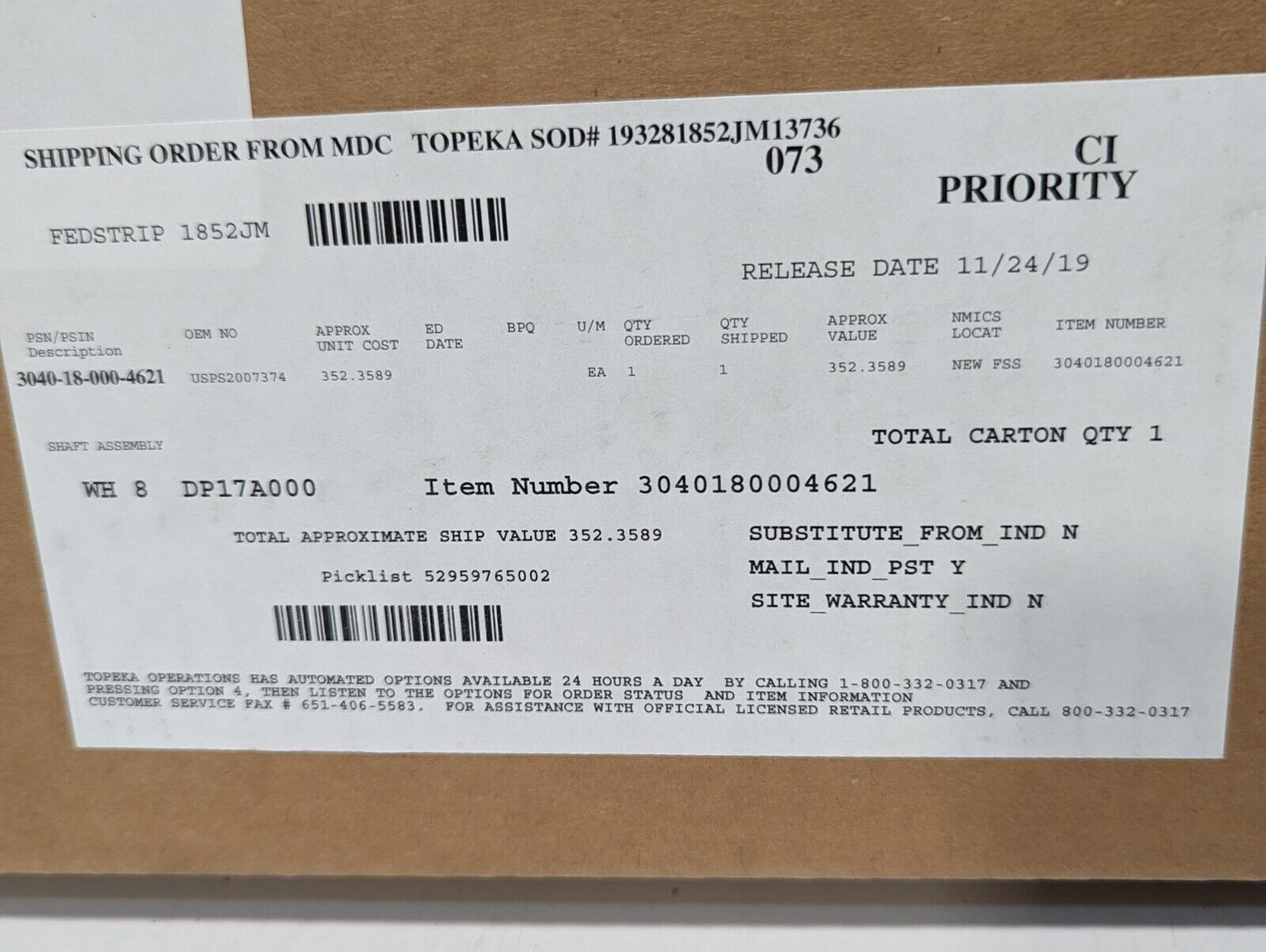 3040-18-000-4621 USPS2007374 Shaft Assembly - Free Shipping