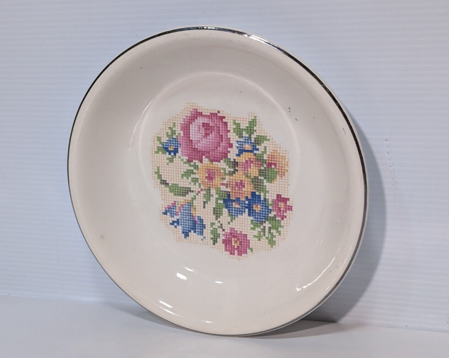 Vintage Hotoven Harker Pottery Floral Petit Point Silver Trim Round Plate
