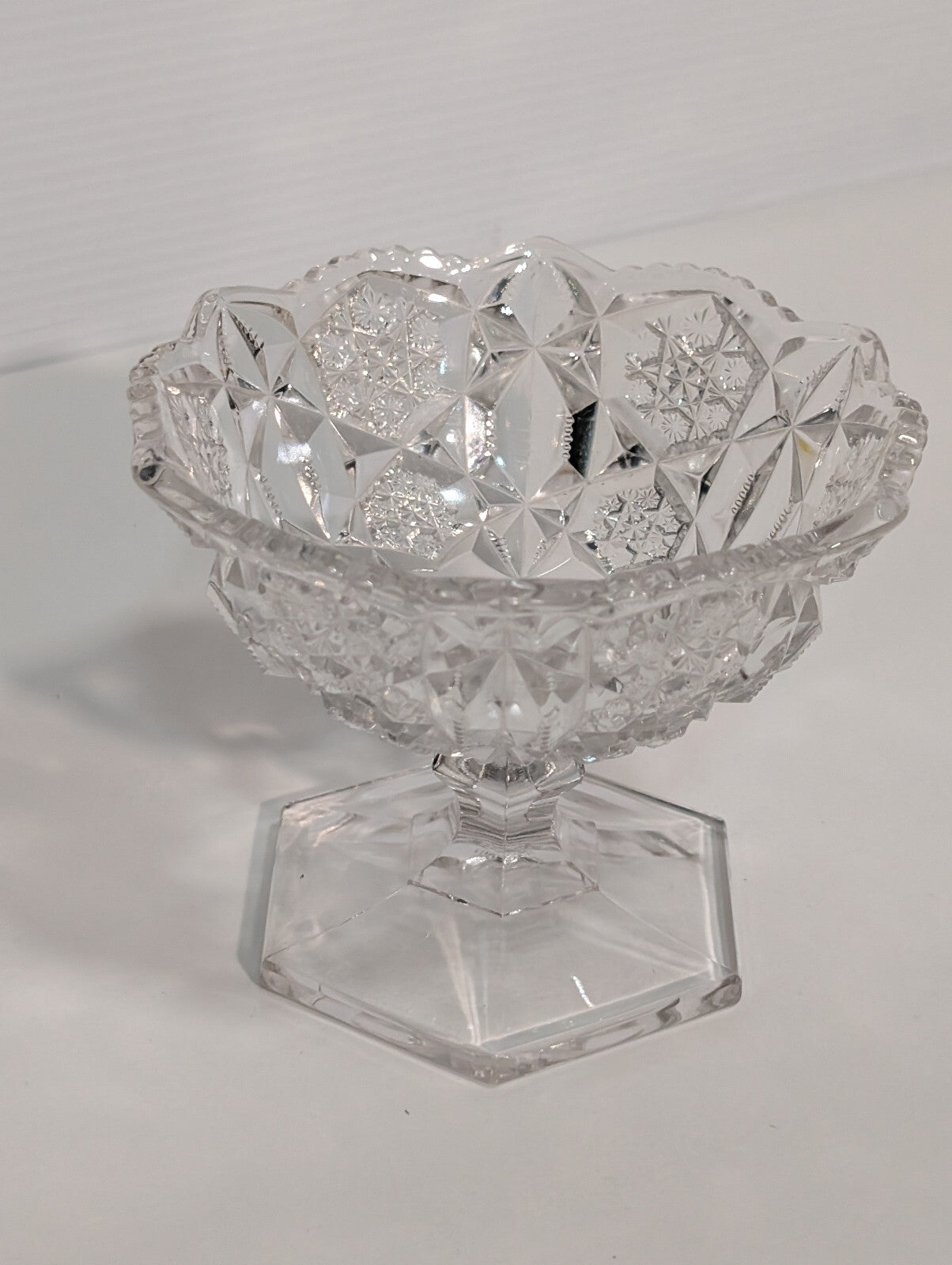 Vintage Clear Glass Crystal Candy Dish Snowflake Pattern Hexagon Pedestal Base