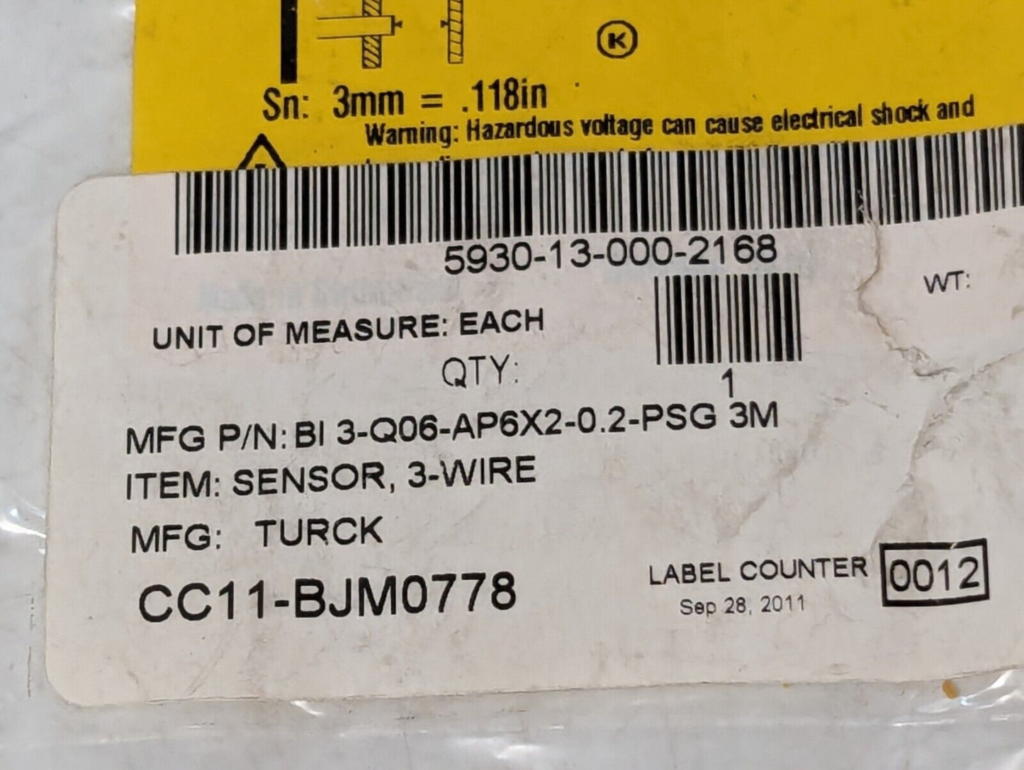 Turck BI3-Q06-AP6X2-0.2M-PSG 3M Sensor 3 Wire - Free Shipping