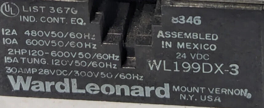 Ward Leonard WL199DX-3 Magnetic Power Relay, 24vdc - Free Shipping