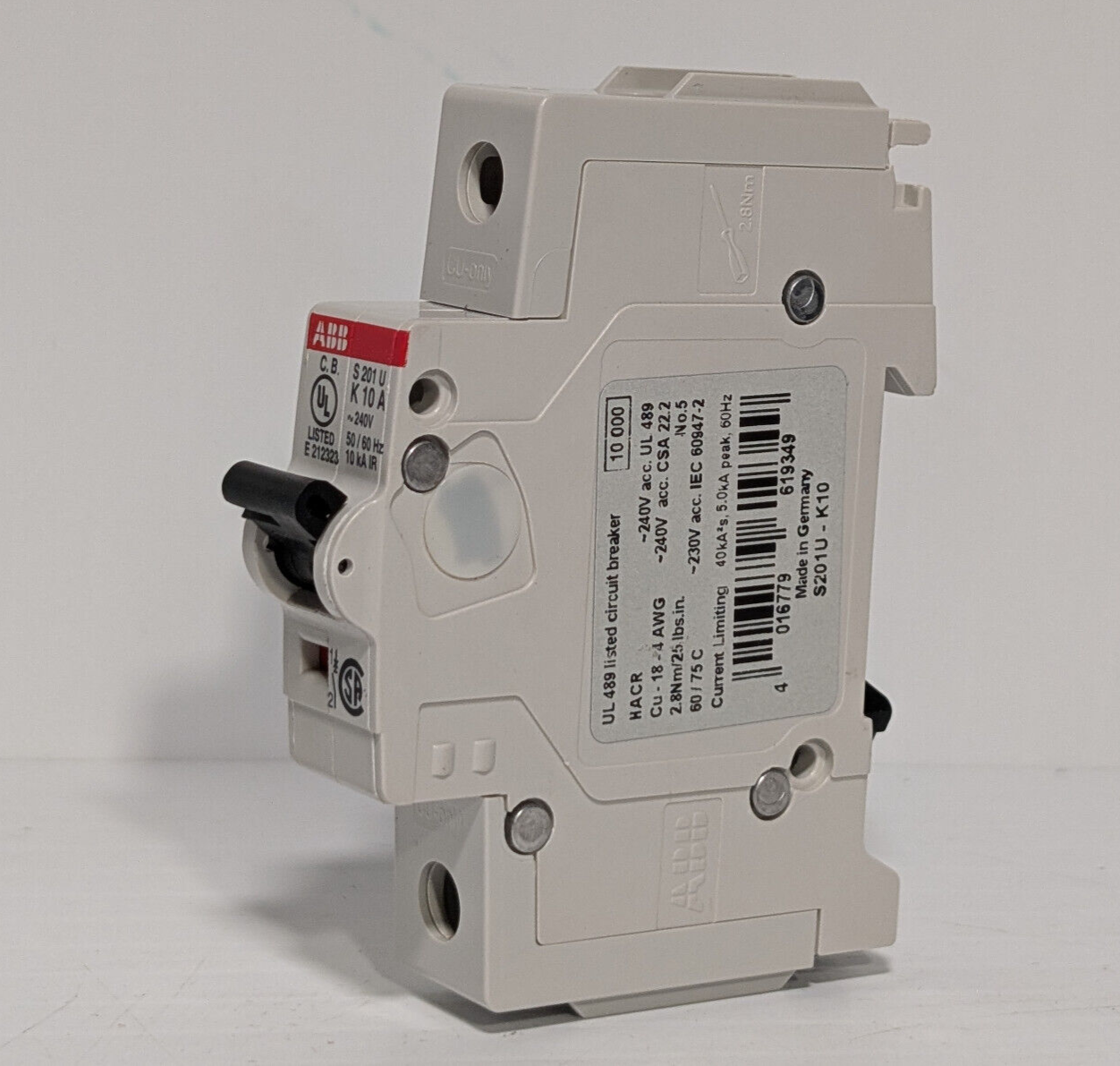 ABB S20-1U-K10, 1 Pole Circuit Breaker, 10 A, 162K853HG1, E212323, UL489 Listed